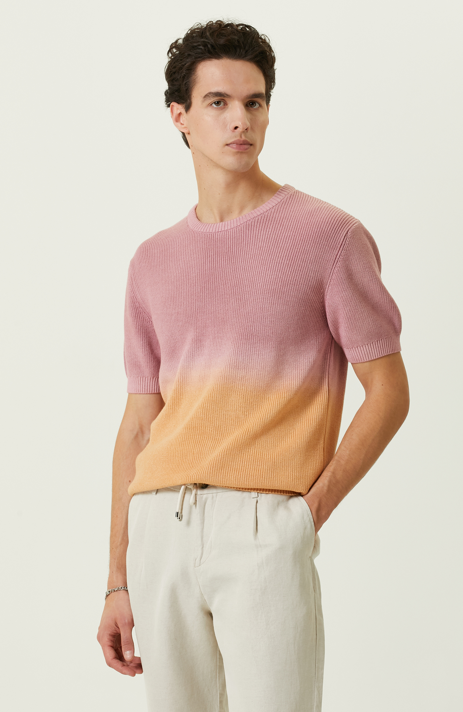 Renkli Bisiklet Yaka Kısa Kollu Triko Kazak