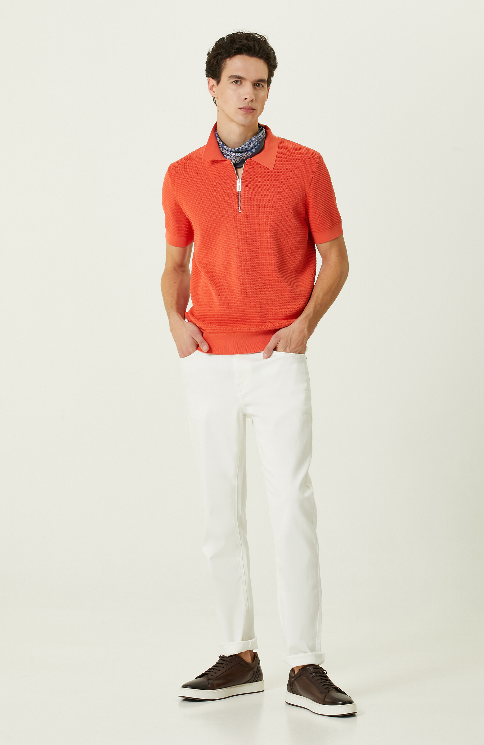 Turuncu Polo Yaka Kısa Kollu Triko Kazak