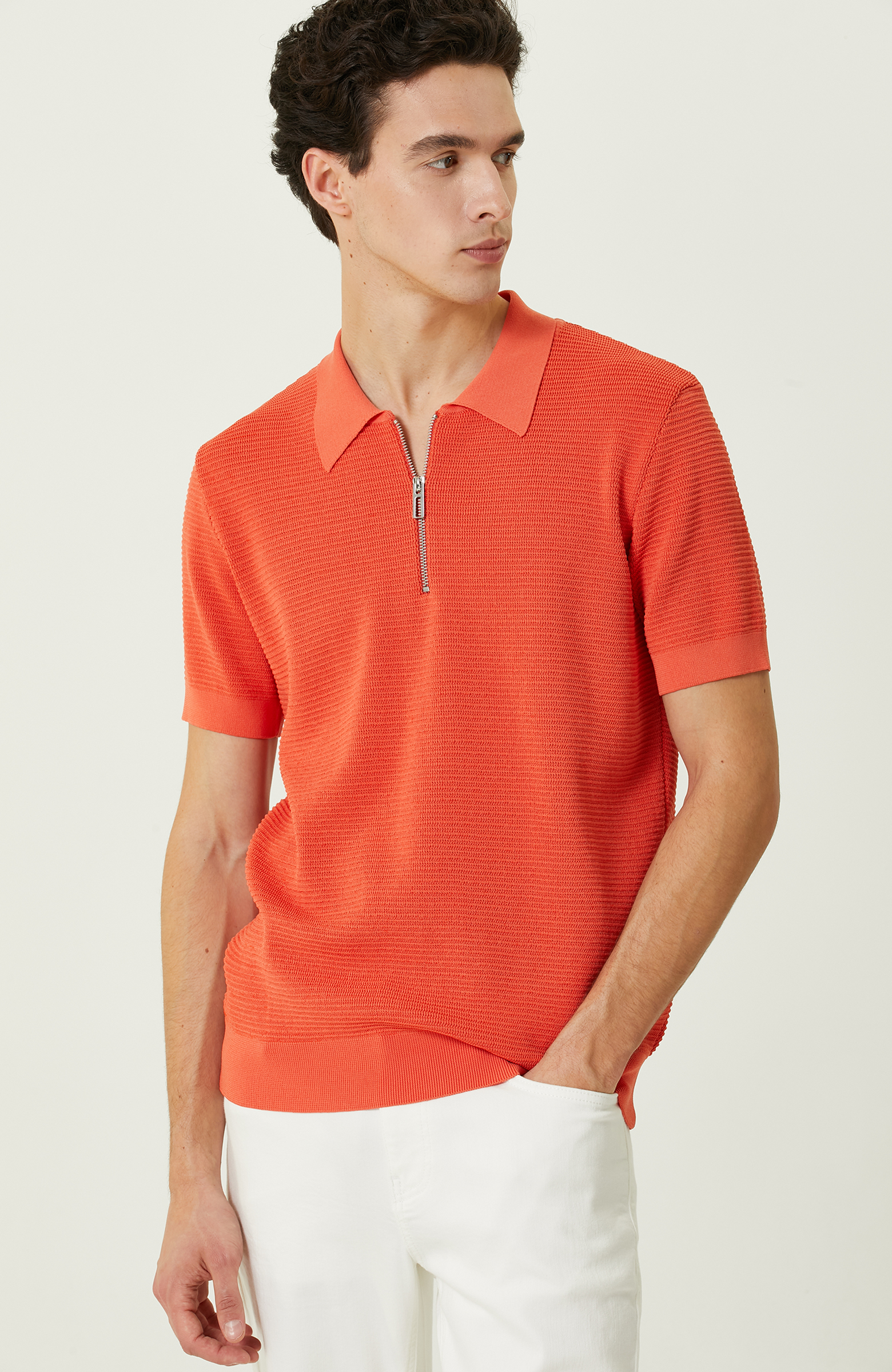 Turuncu Polo Yaka Kısa Kollu Triko Kazak