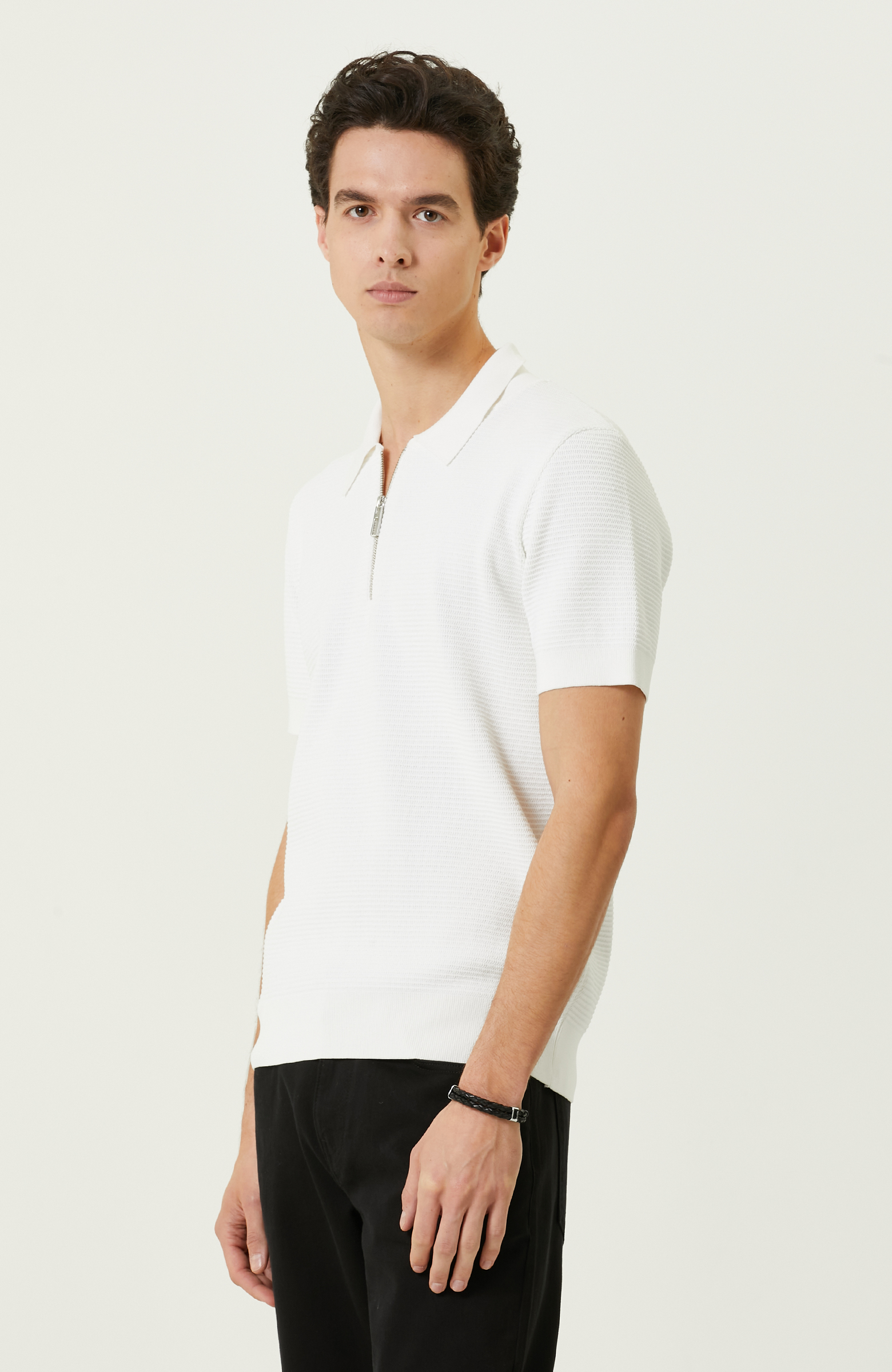 Ekru Polo Yaka Kısa Kollu Triko Kazak