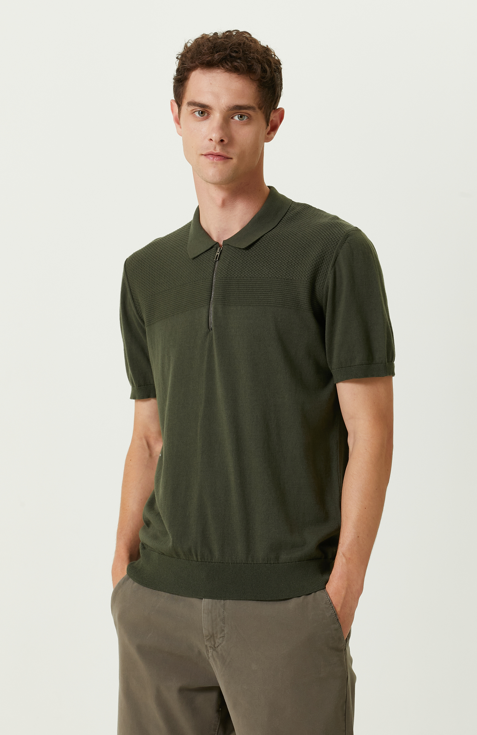 Haki Kısa Kollu Pamuklu Polo Yaka Kazak