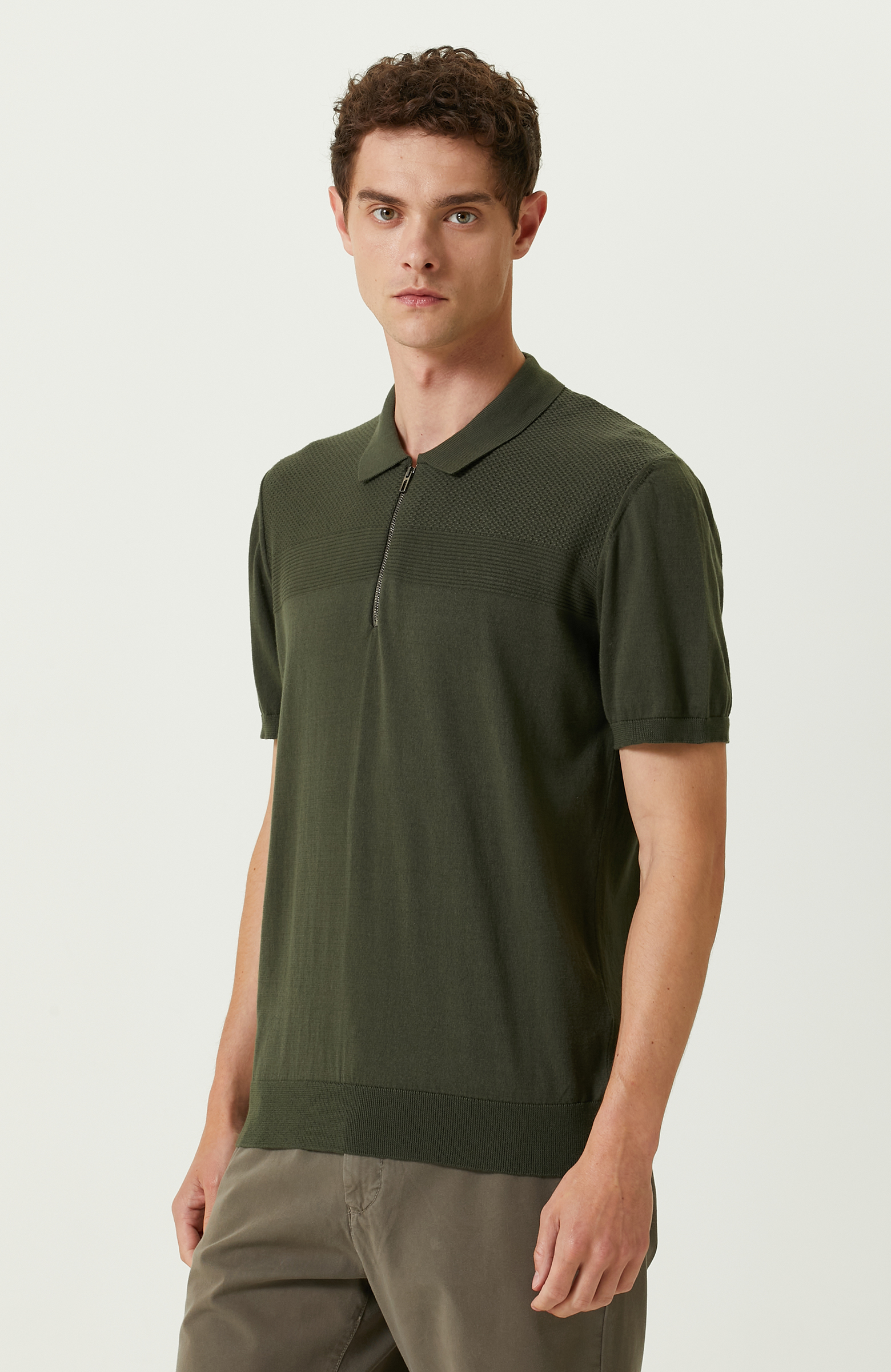 Haki Kısa Kollu Pamuklu Polo Yaka Kazak