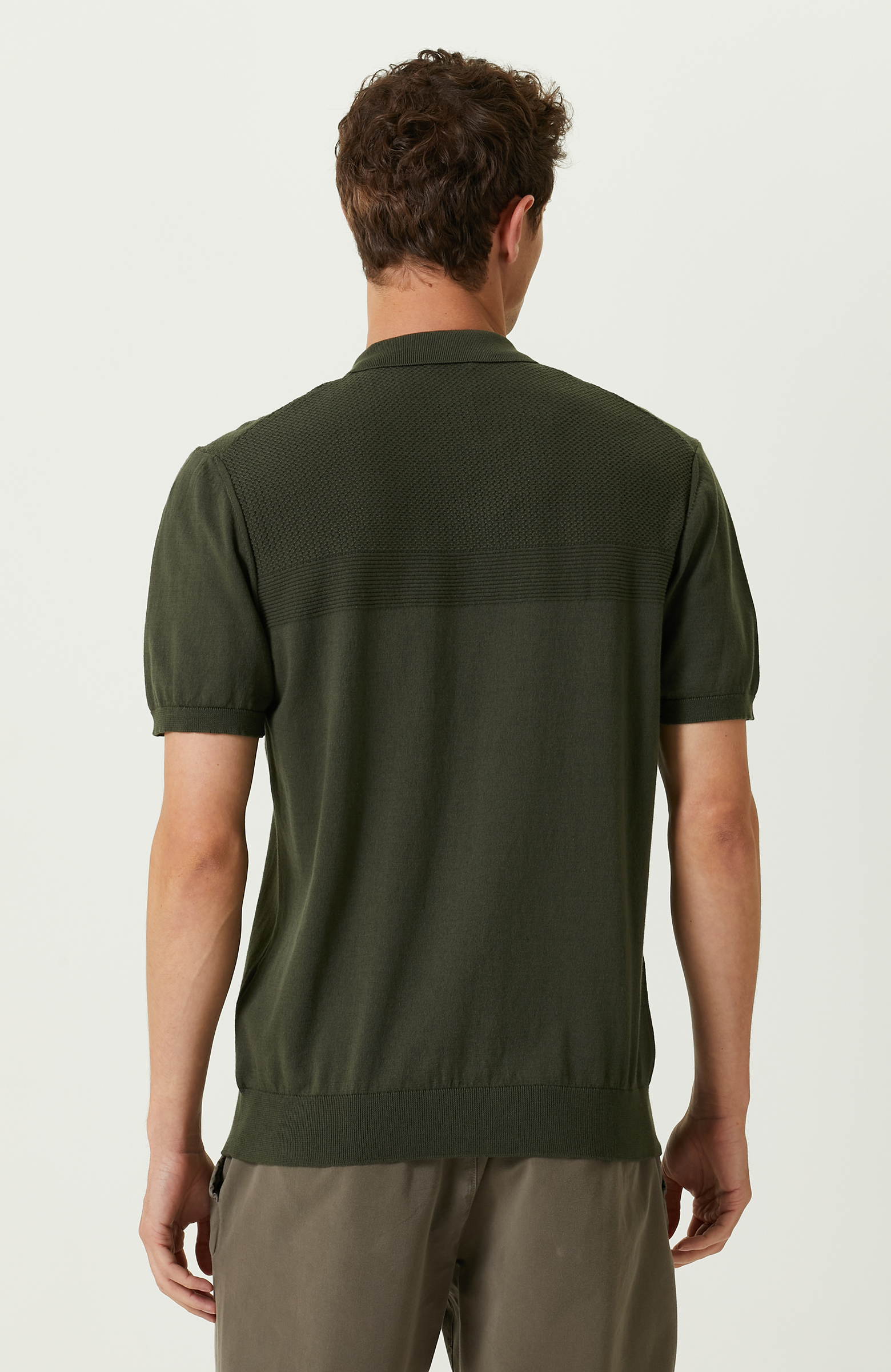 Haki Kısa Kollu Pamuklu Polo Yaka Kazak