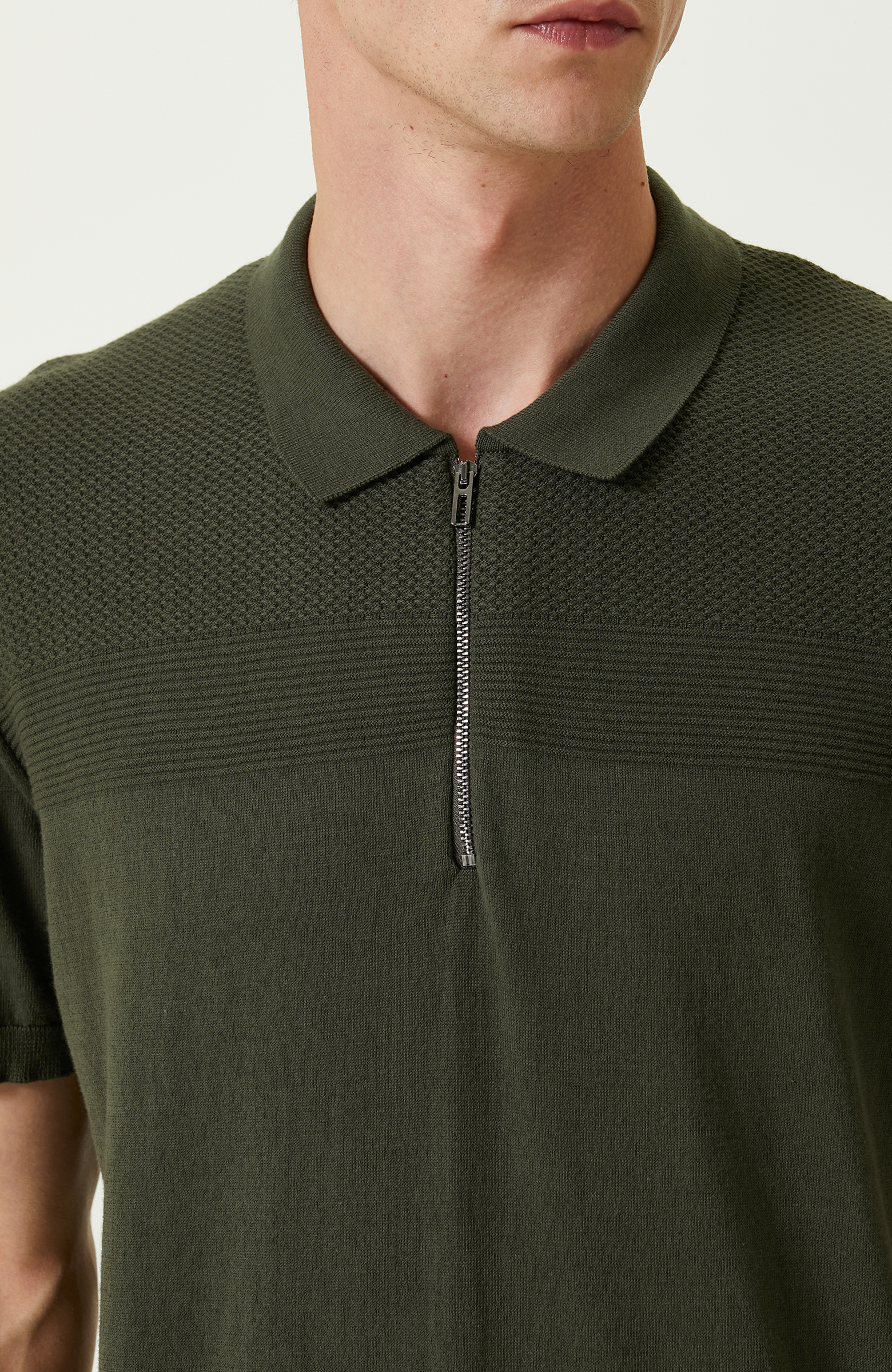 Haki Kısa Kollu Pamuklu Polo Yaka Kazak