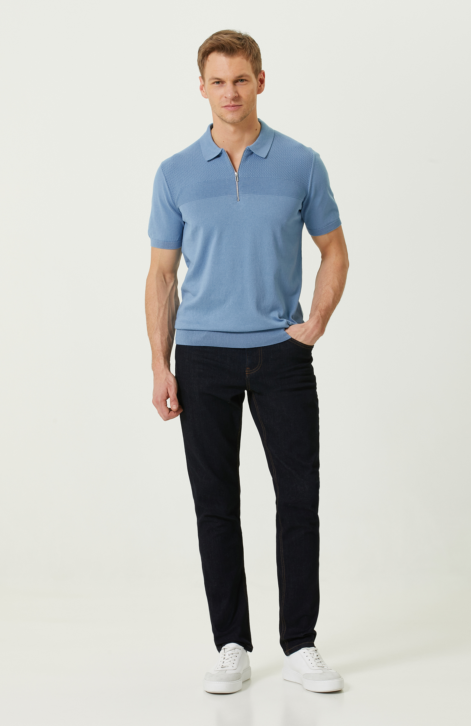 Mavi Kısa Kollu Polo Yaka Triko Kazak