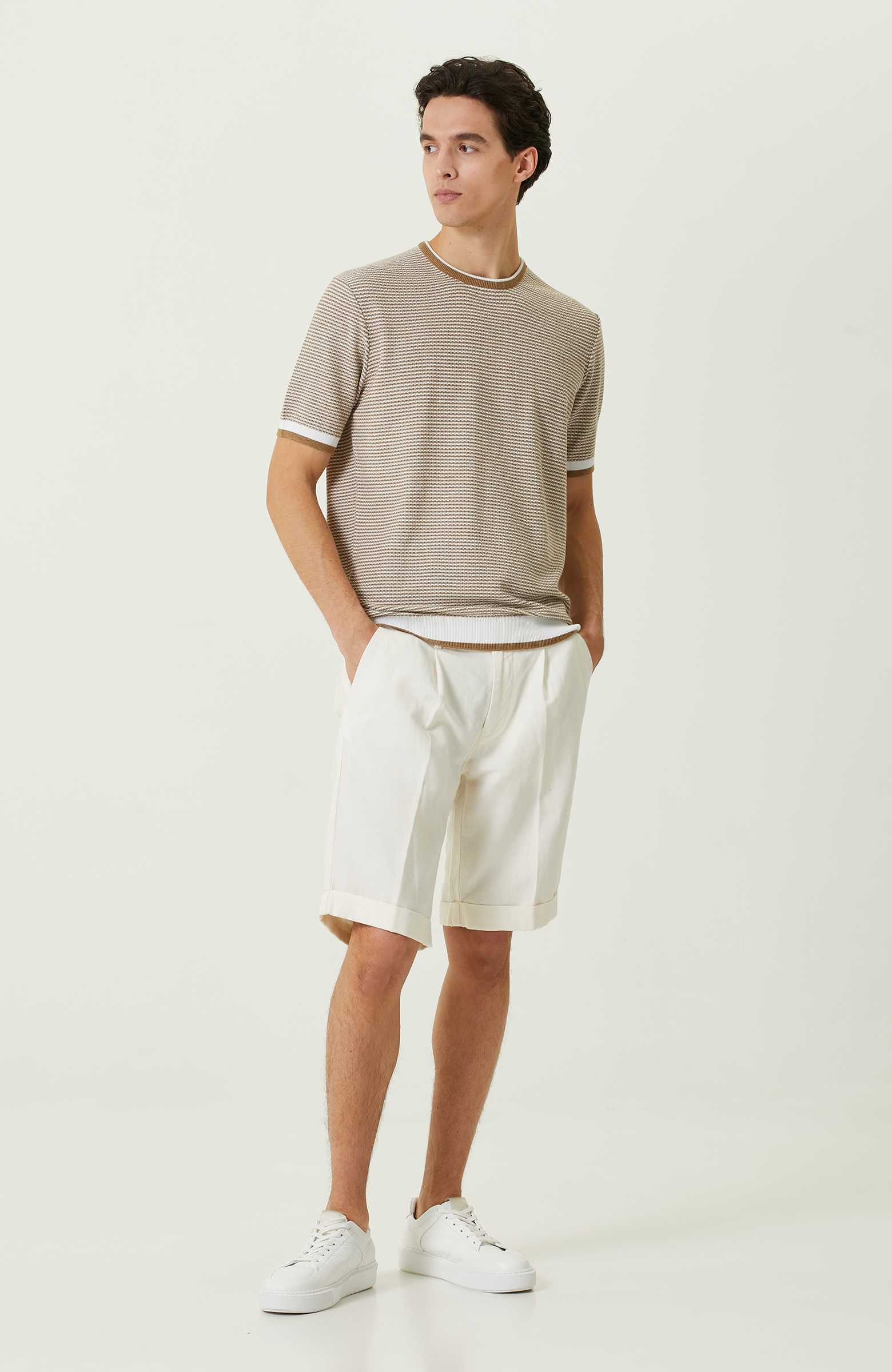 Camel Çizgili Kısa Kollu Triko Kazak