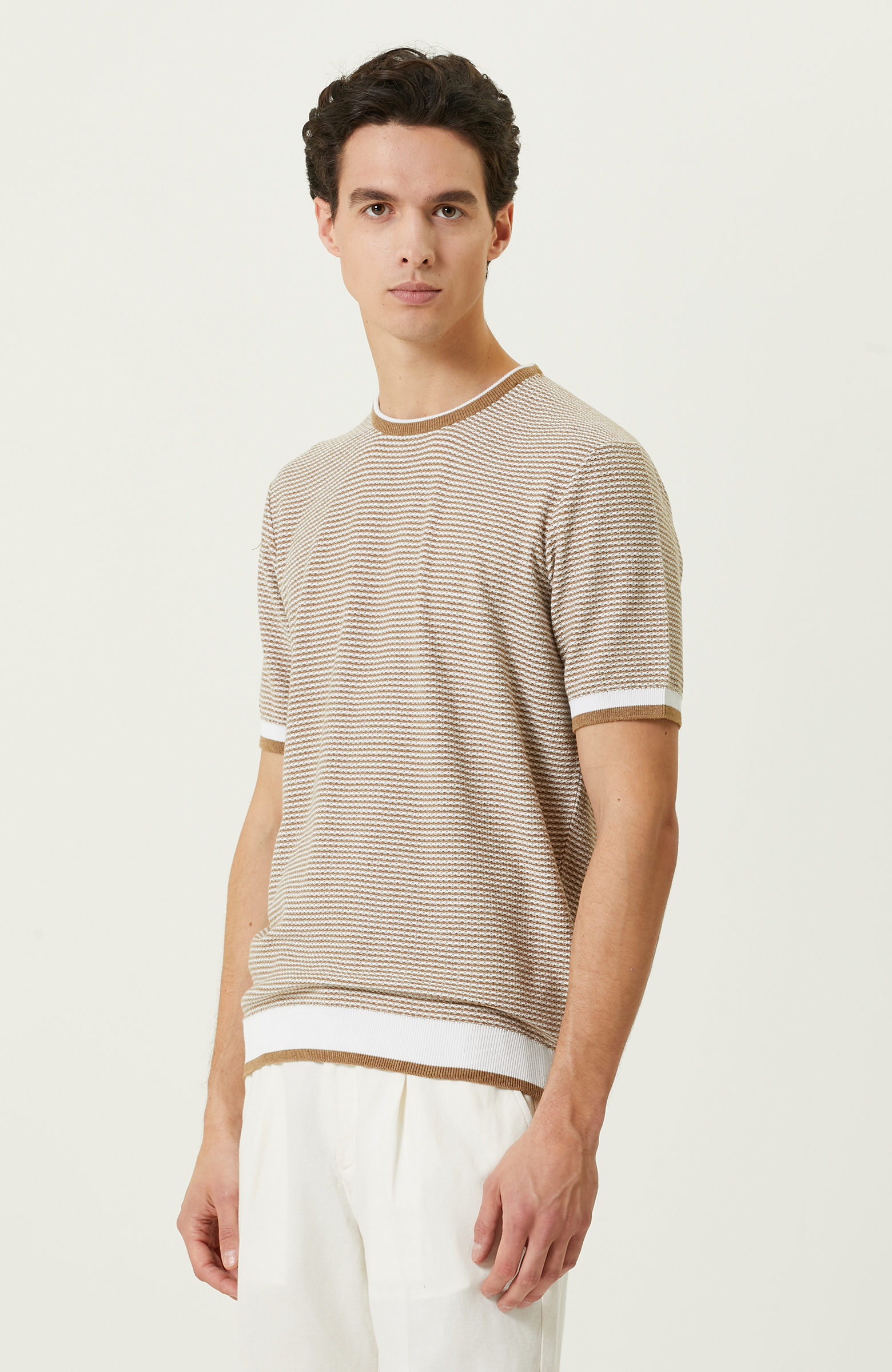 Camel Çizgili Kısa Kollu Triko Kazak