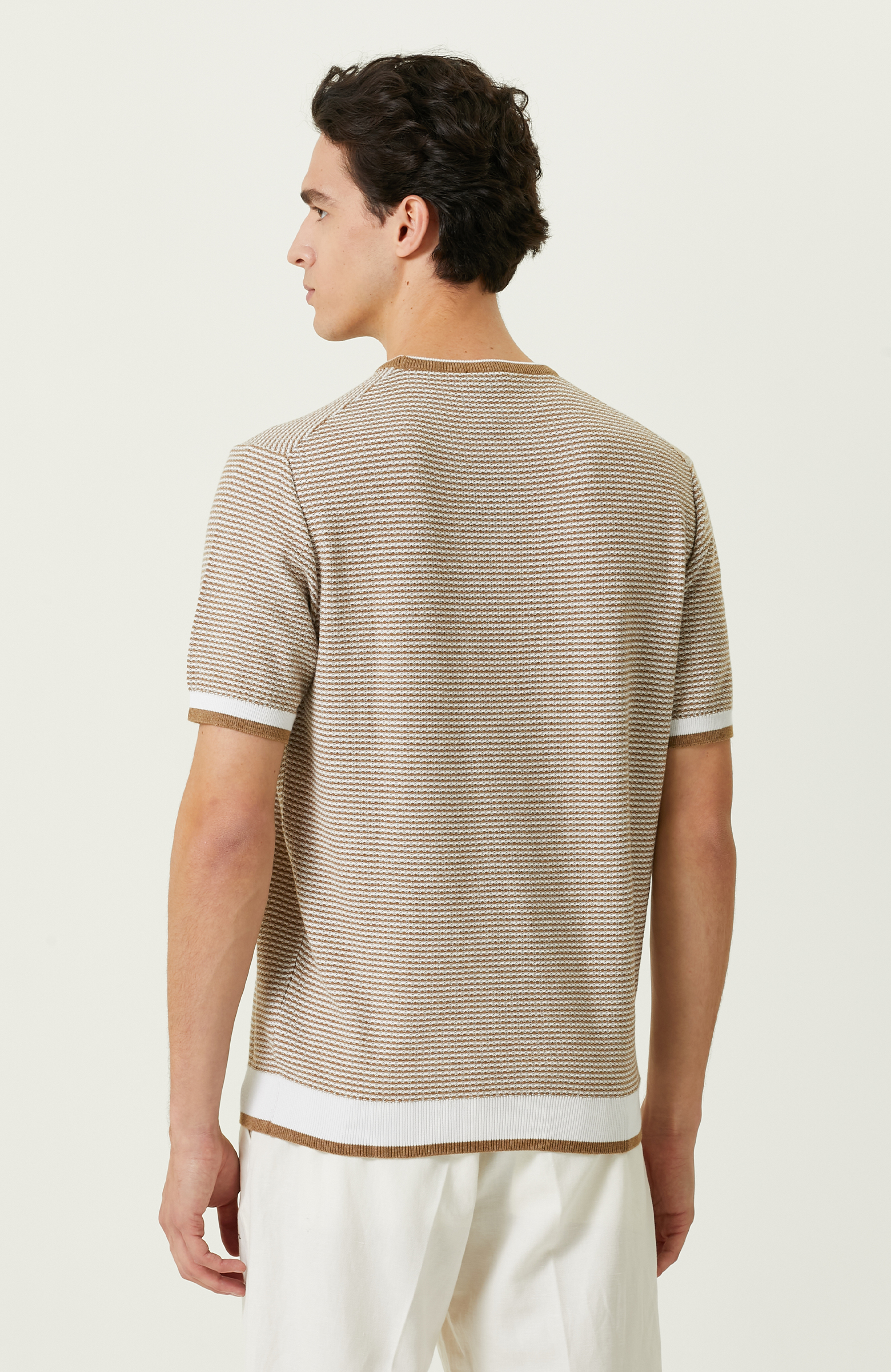 Camel Çizgili Kısa Kollu Triko Kazak