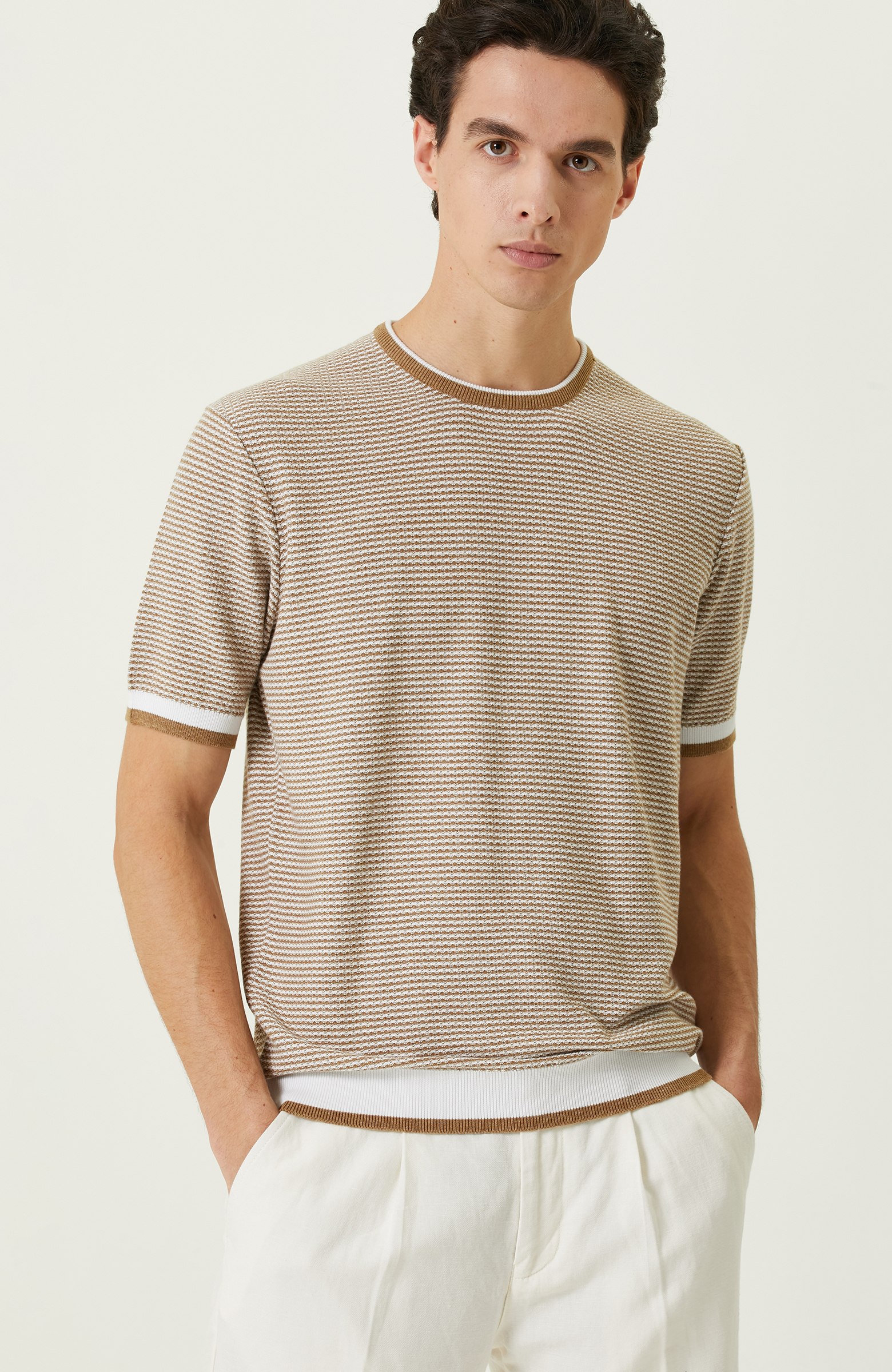 Camel Çizgili Kısa Kollu Triko Kazak