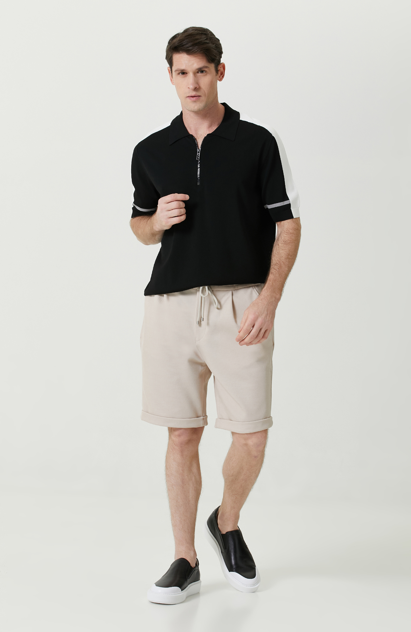 Bej Duble Paça Örme Şort