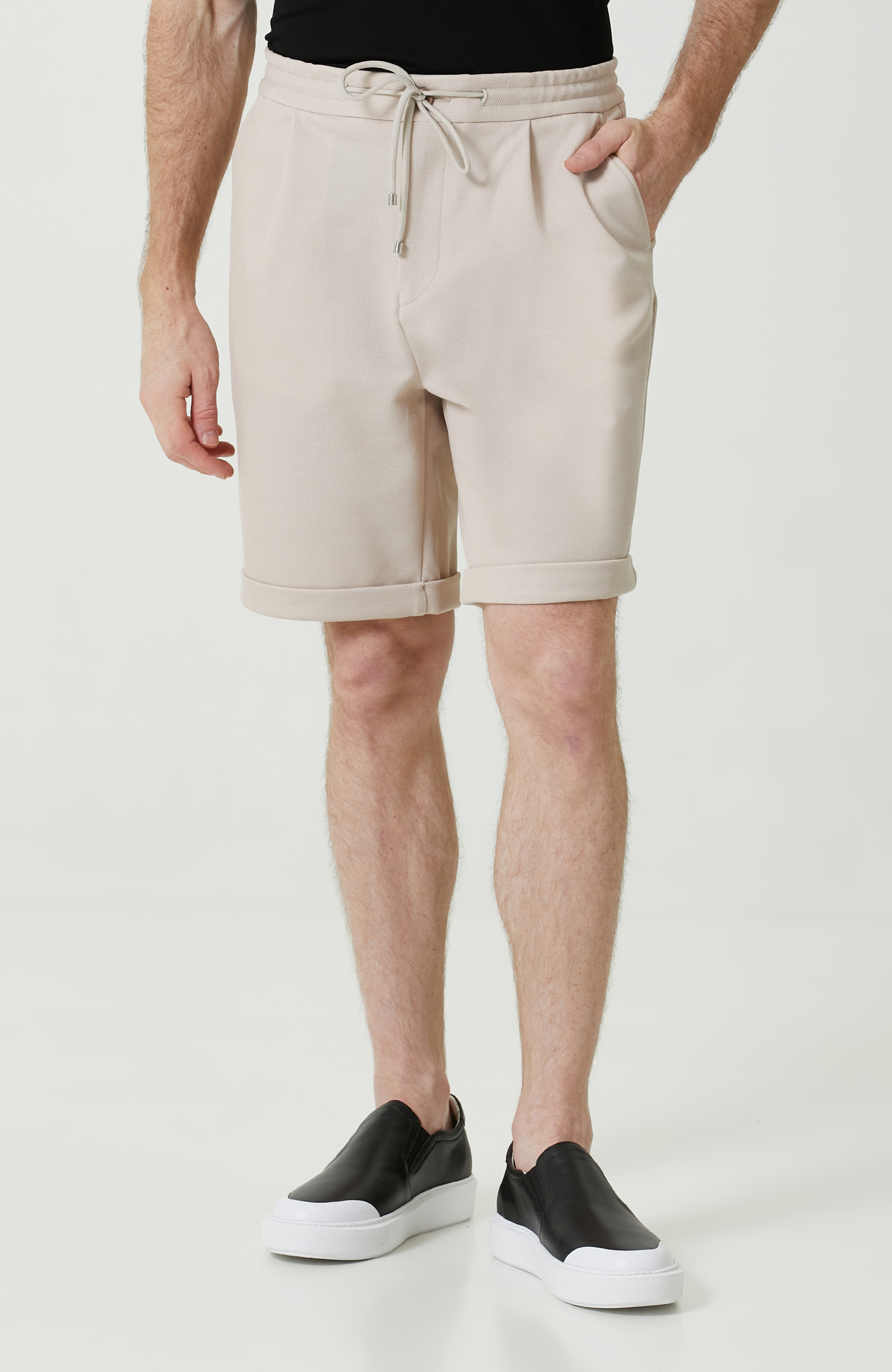 Bej Duble Paça Örme Şort