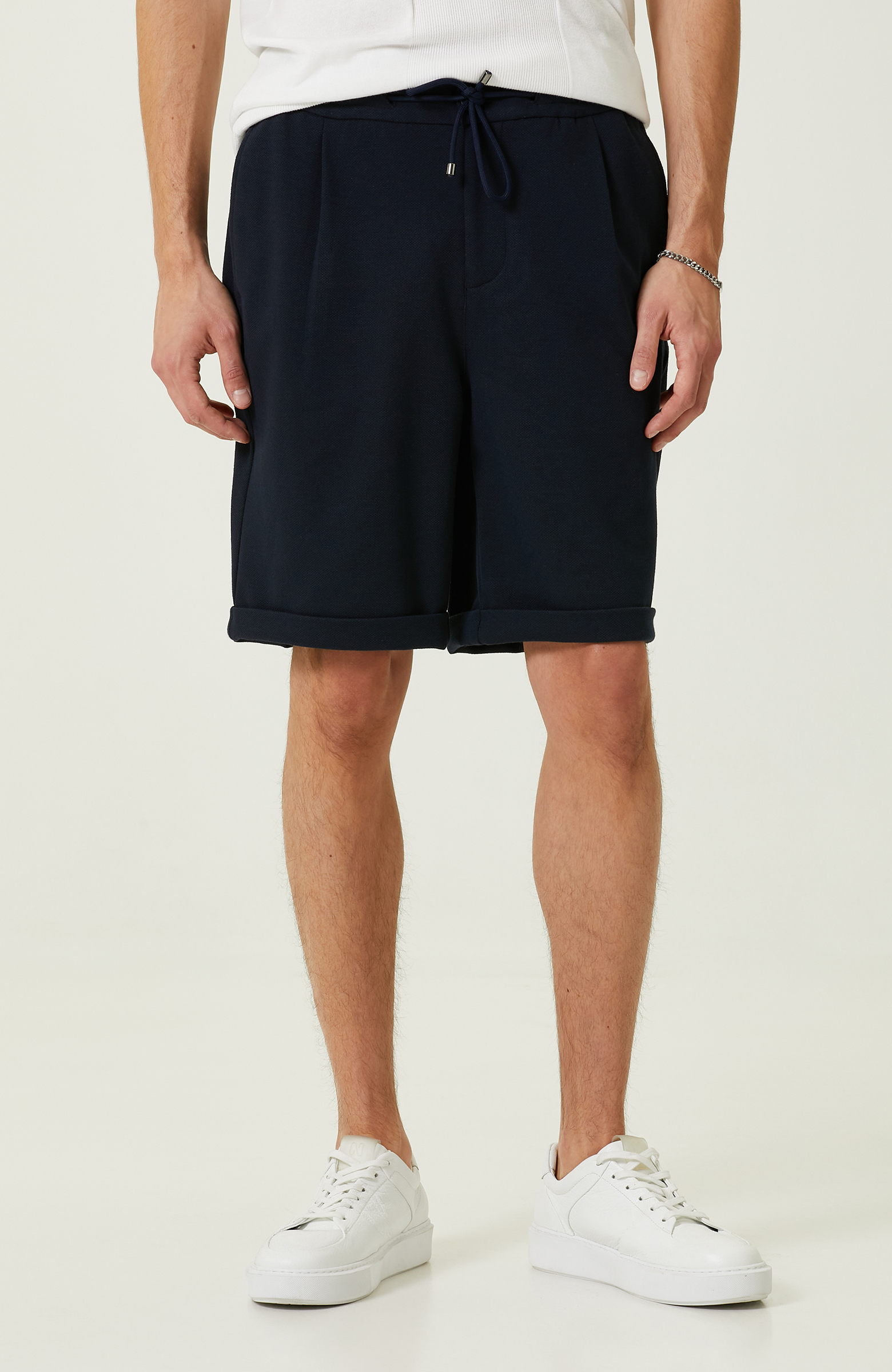 Lacivert Duble Paça Örme Şort