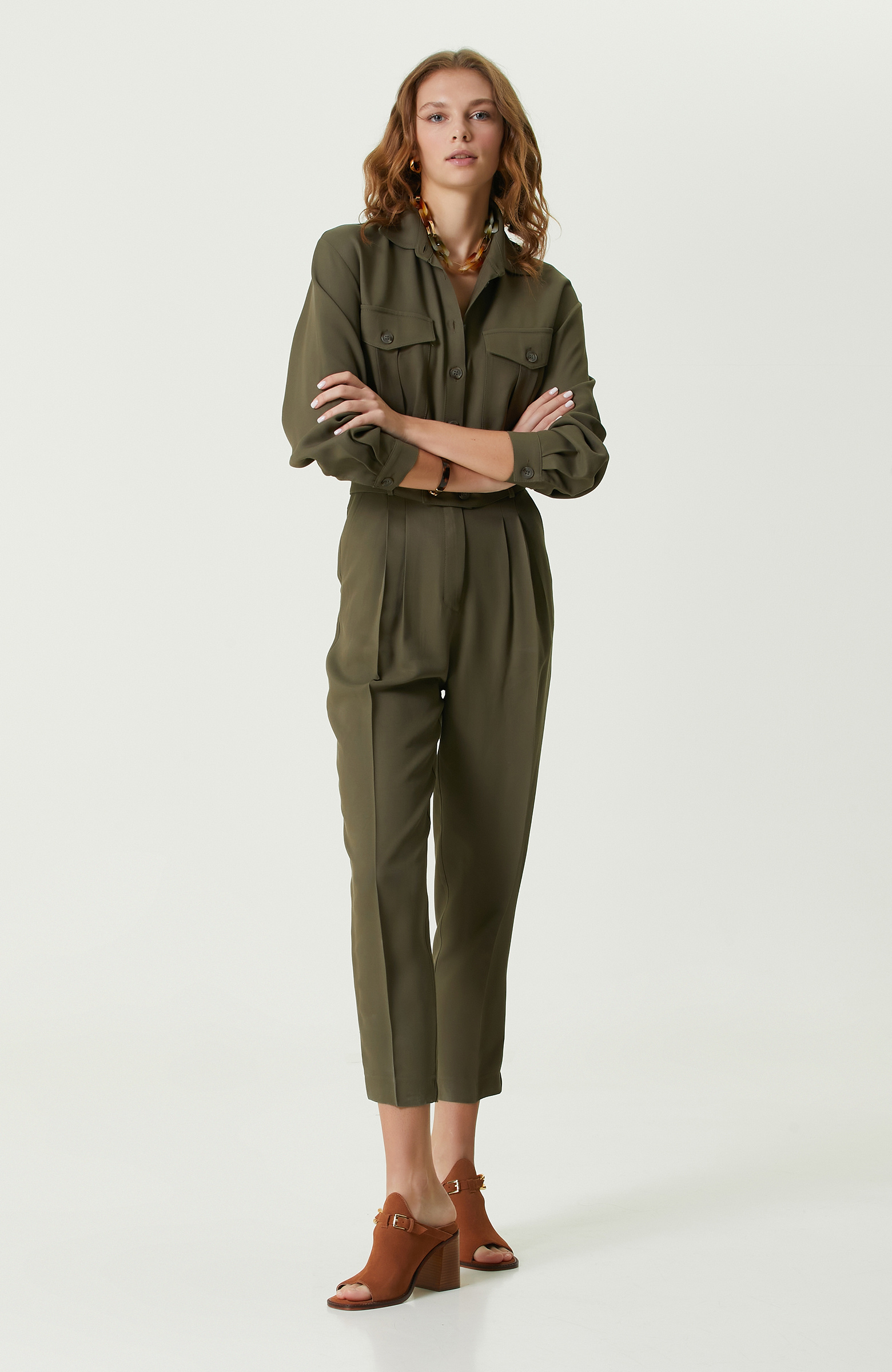 Haki Düğmeli Uzun Kollu Tulum