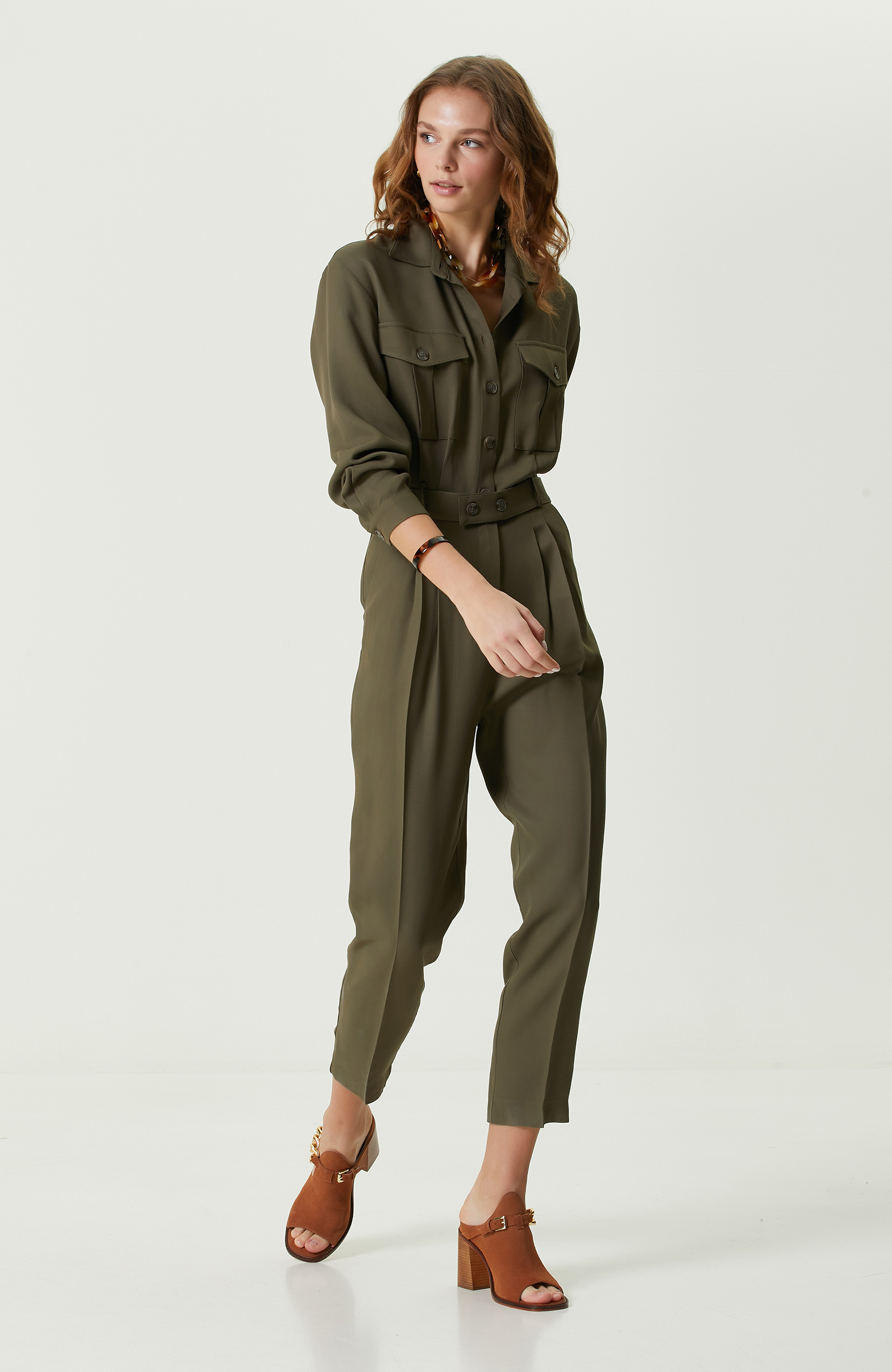 Haki Düğmeli Uzun Kollu Tulum