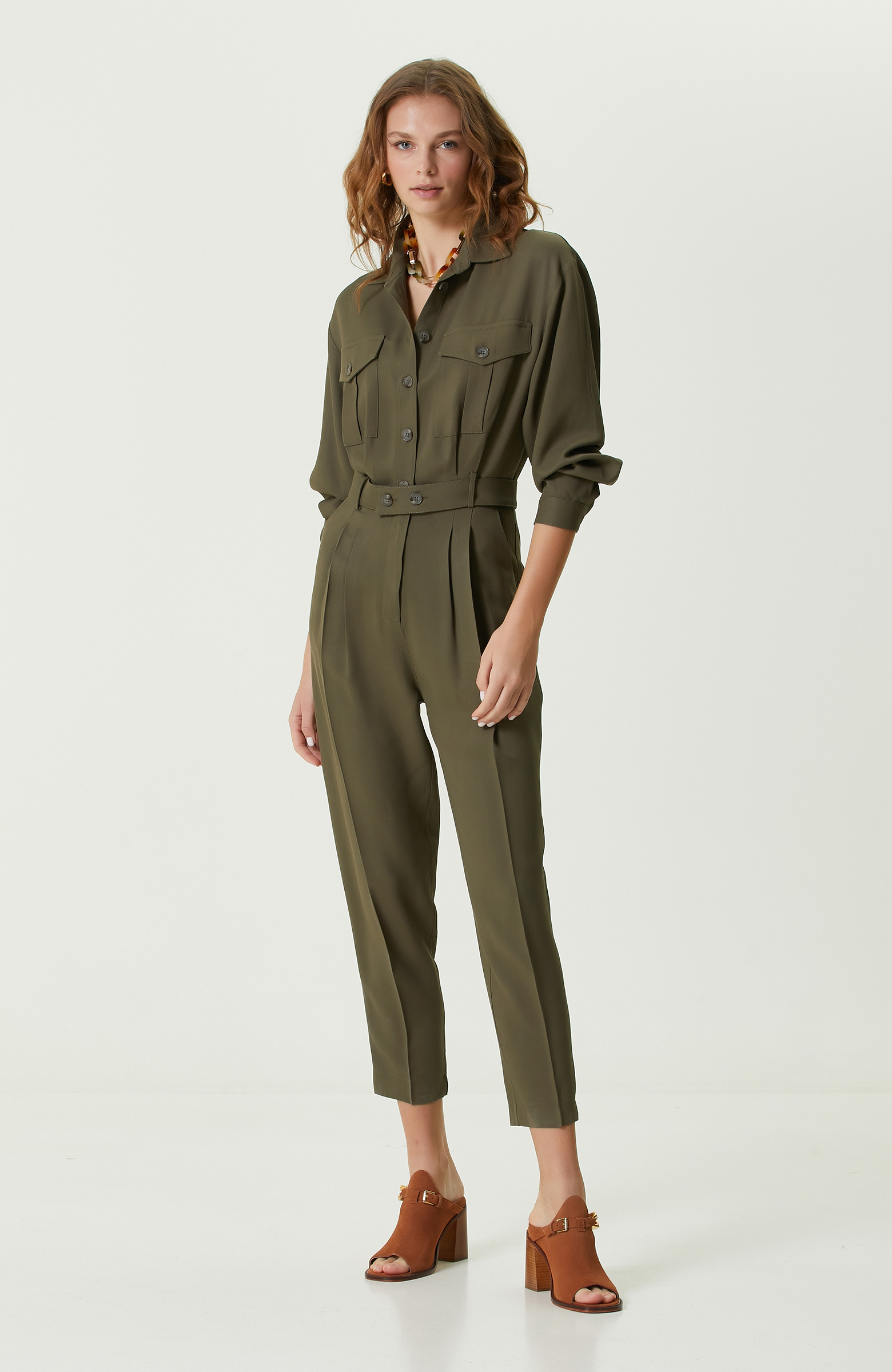 Haki Düğmeli Uzun Kollu Tulum