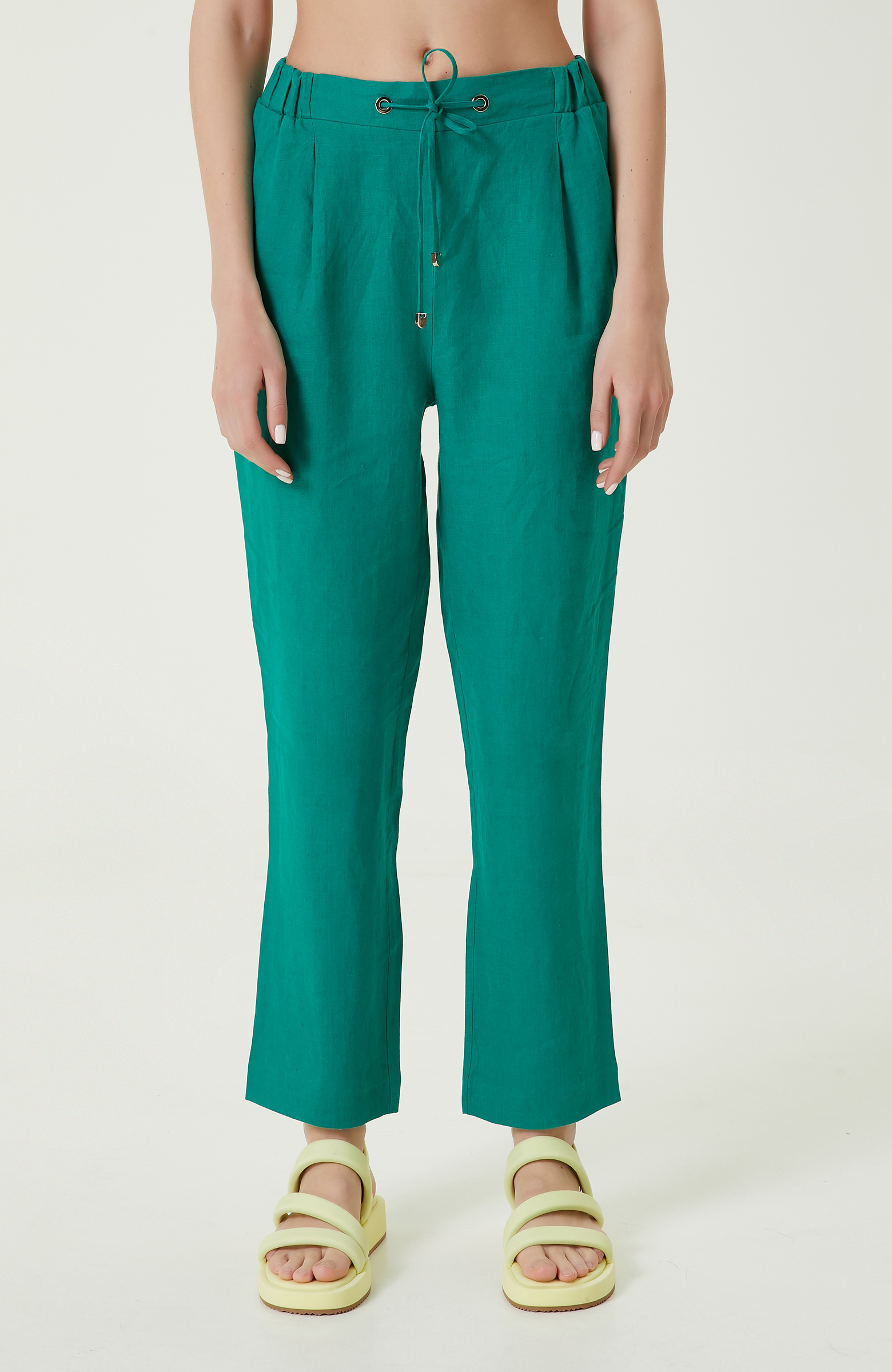 Yeşil Yüksek Bel Keten Pantolon