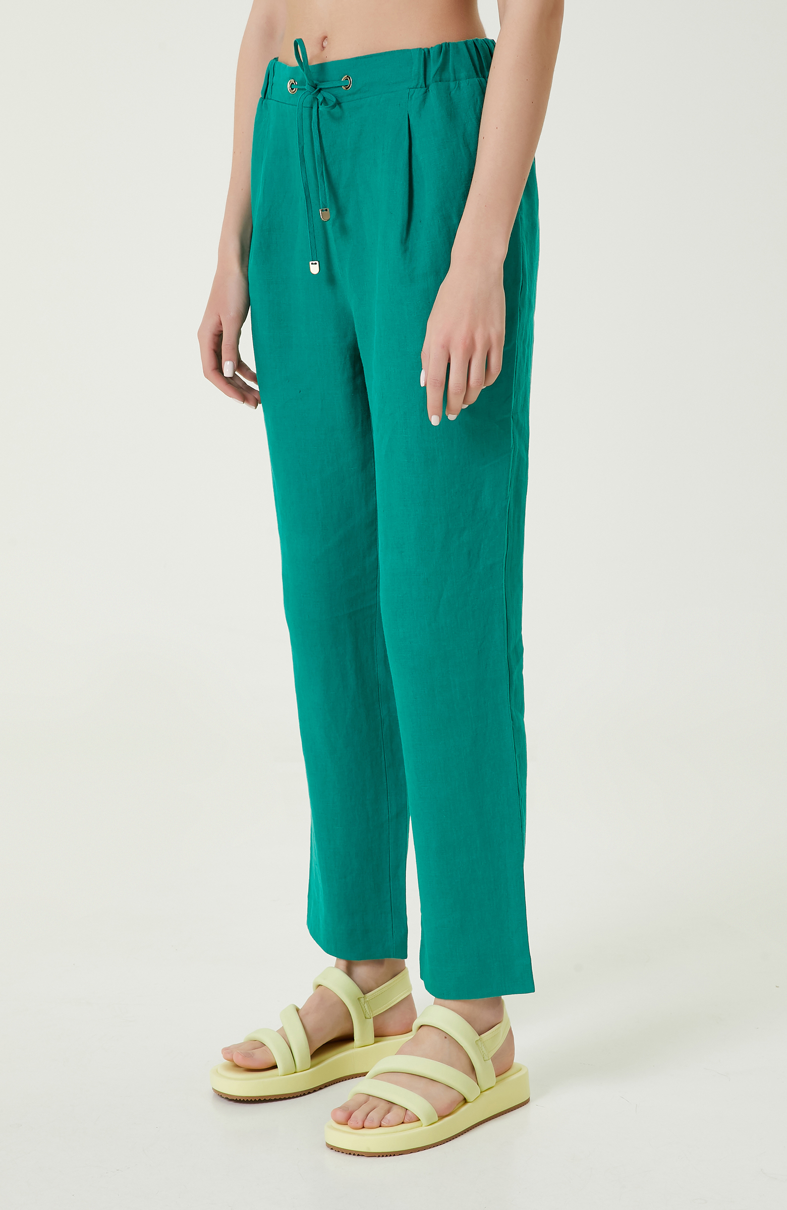 Yeşil Yüksek Bel Keten Pantolon