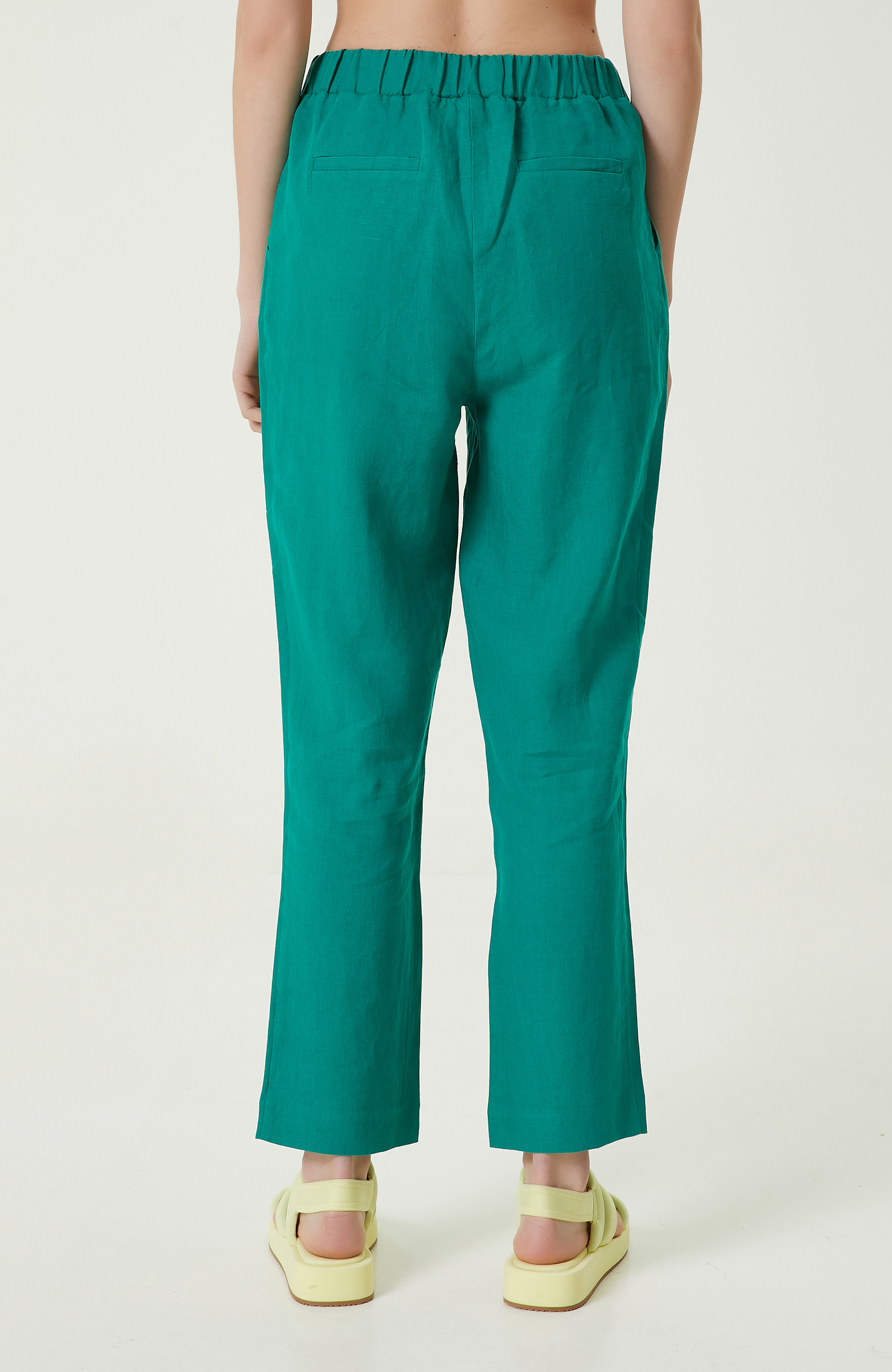 Yeşil Yüksek Bel Keten Pantolon