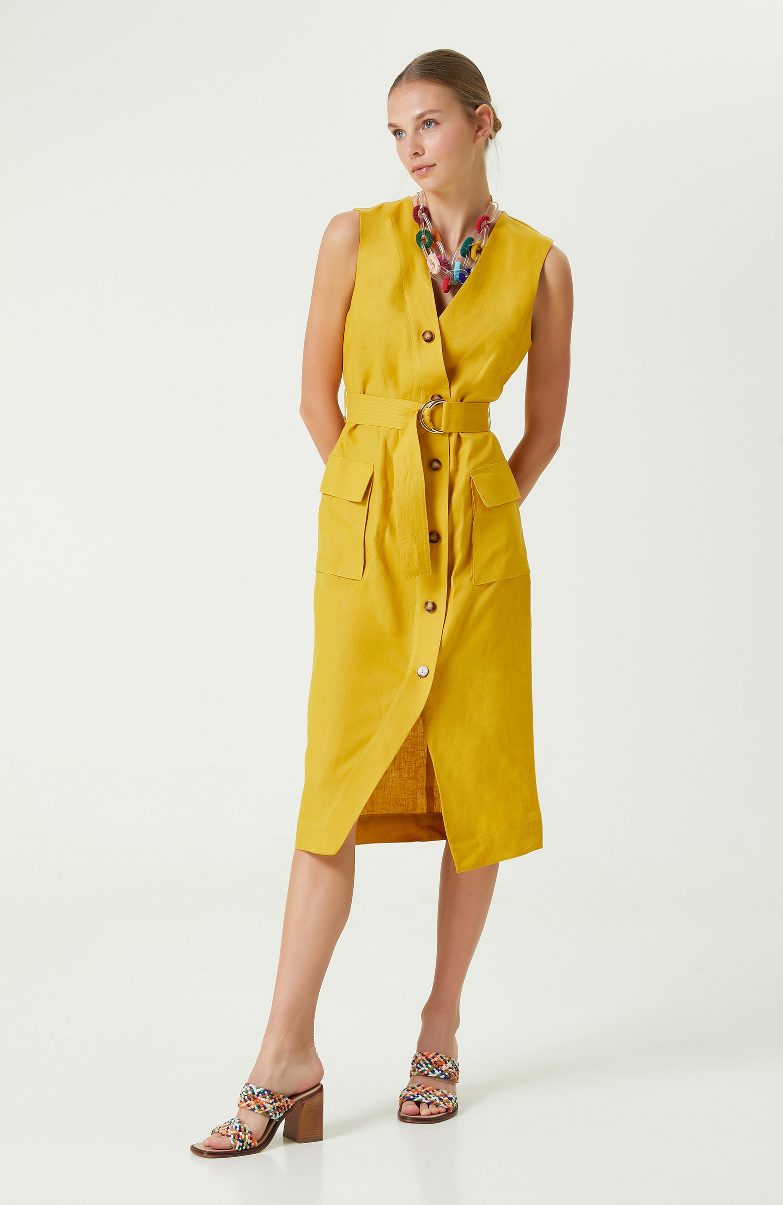 Safran Rengi V Yaka Keten Elbise