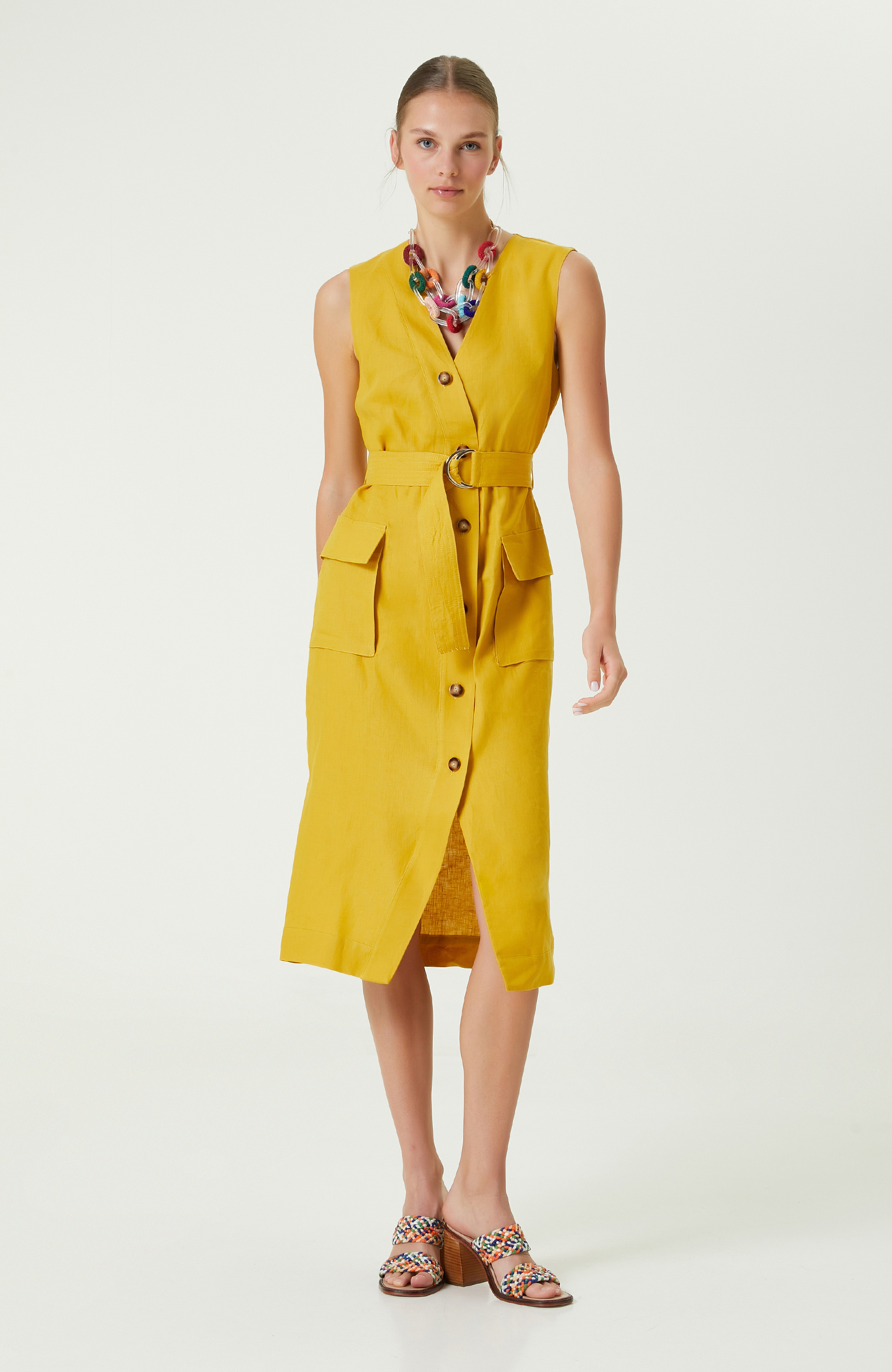 Safran Rengi V Yaka Keten Elbise