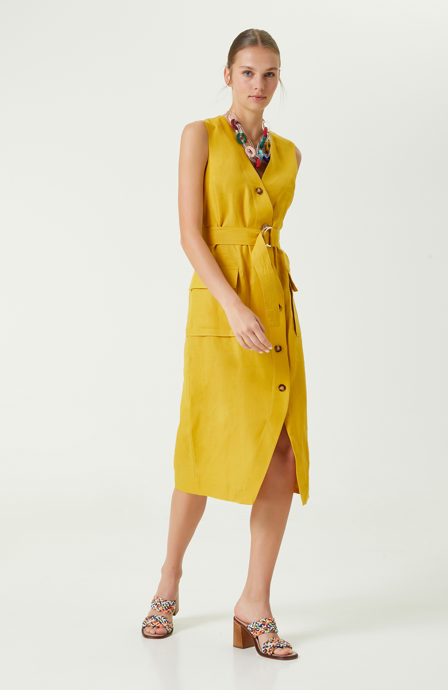 Safran Rengi V Yaka Keten Elbise