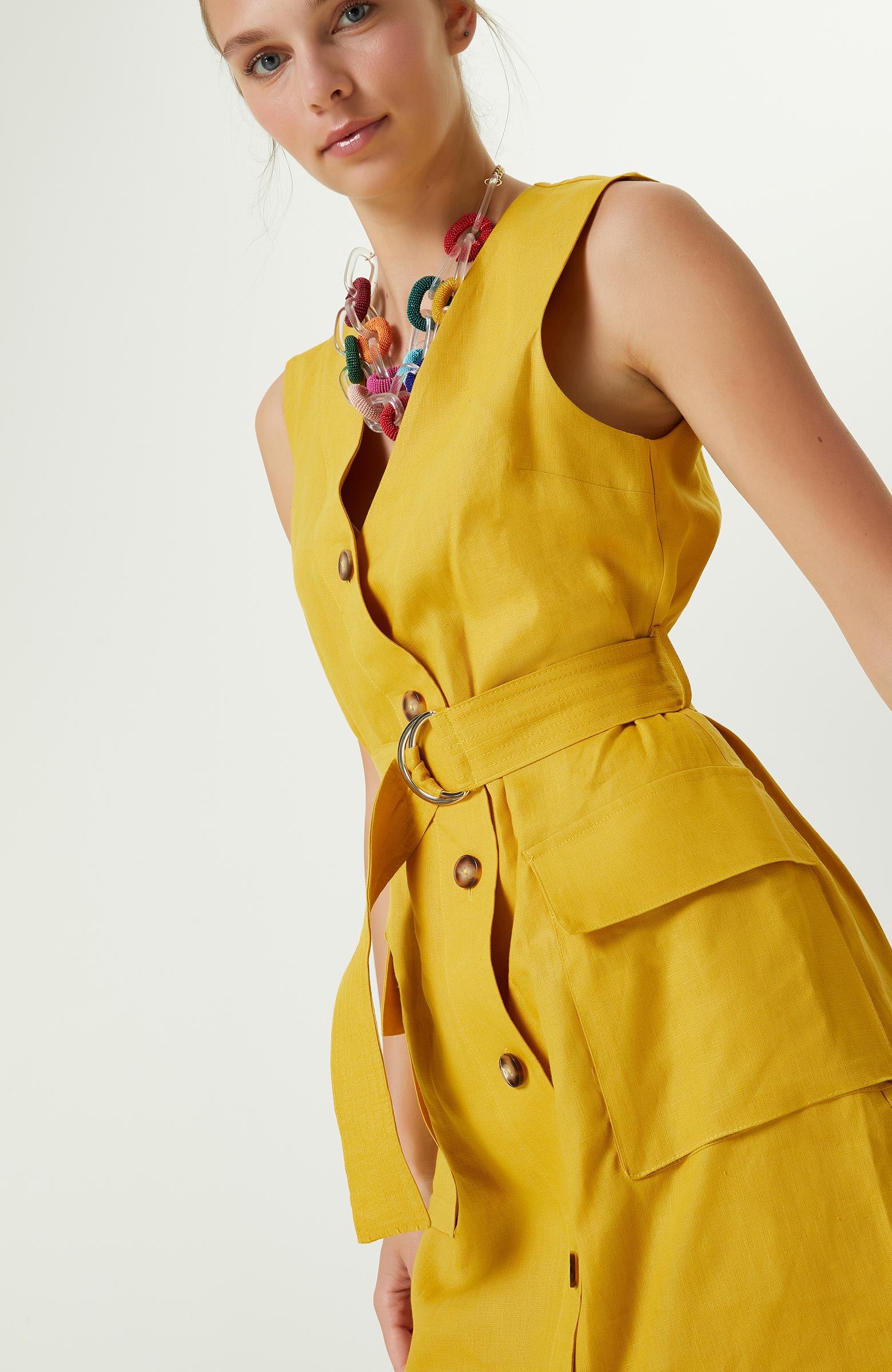 Safran Rengi V Yaka Keten Elbise