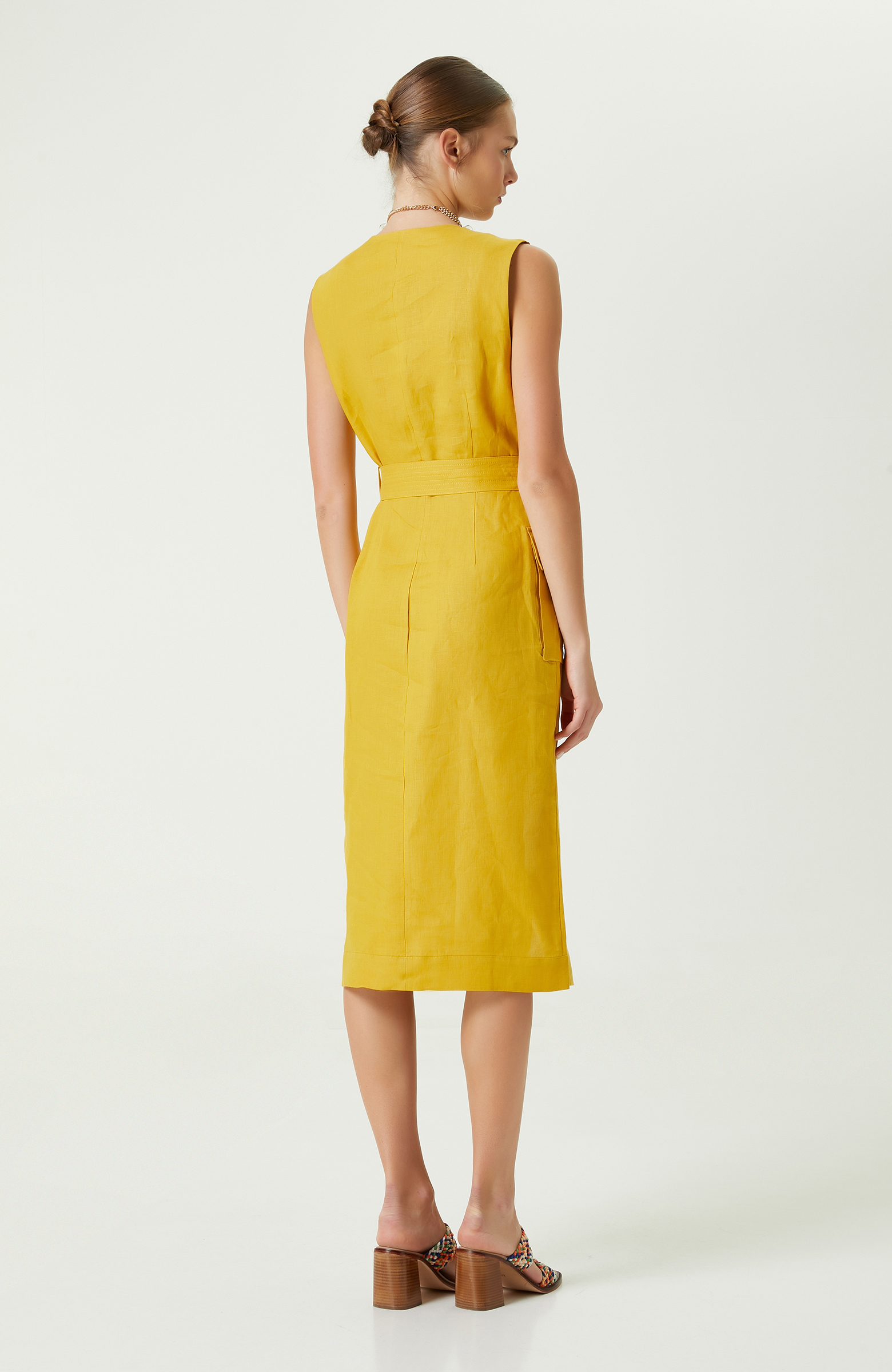 Safran Rengi V Yaka Keten Elbise