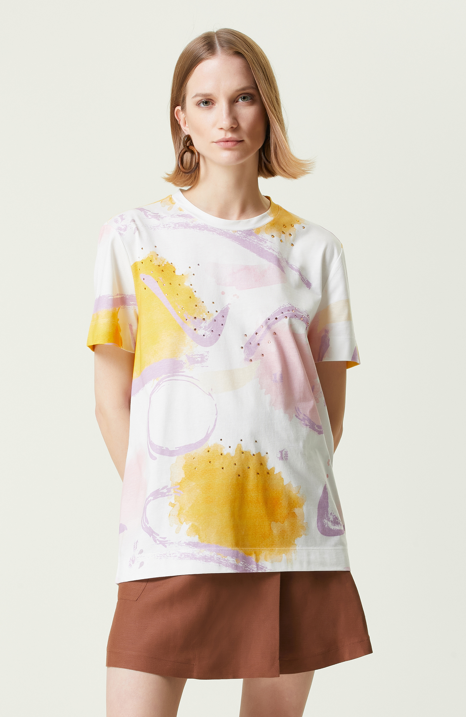 Beyaz Pembe Bisiklet Yaka T-Shirt