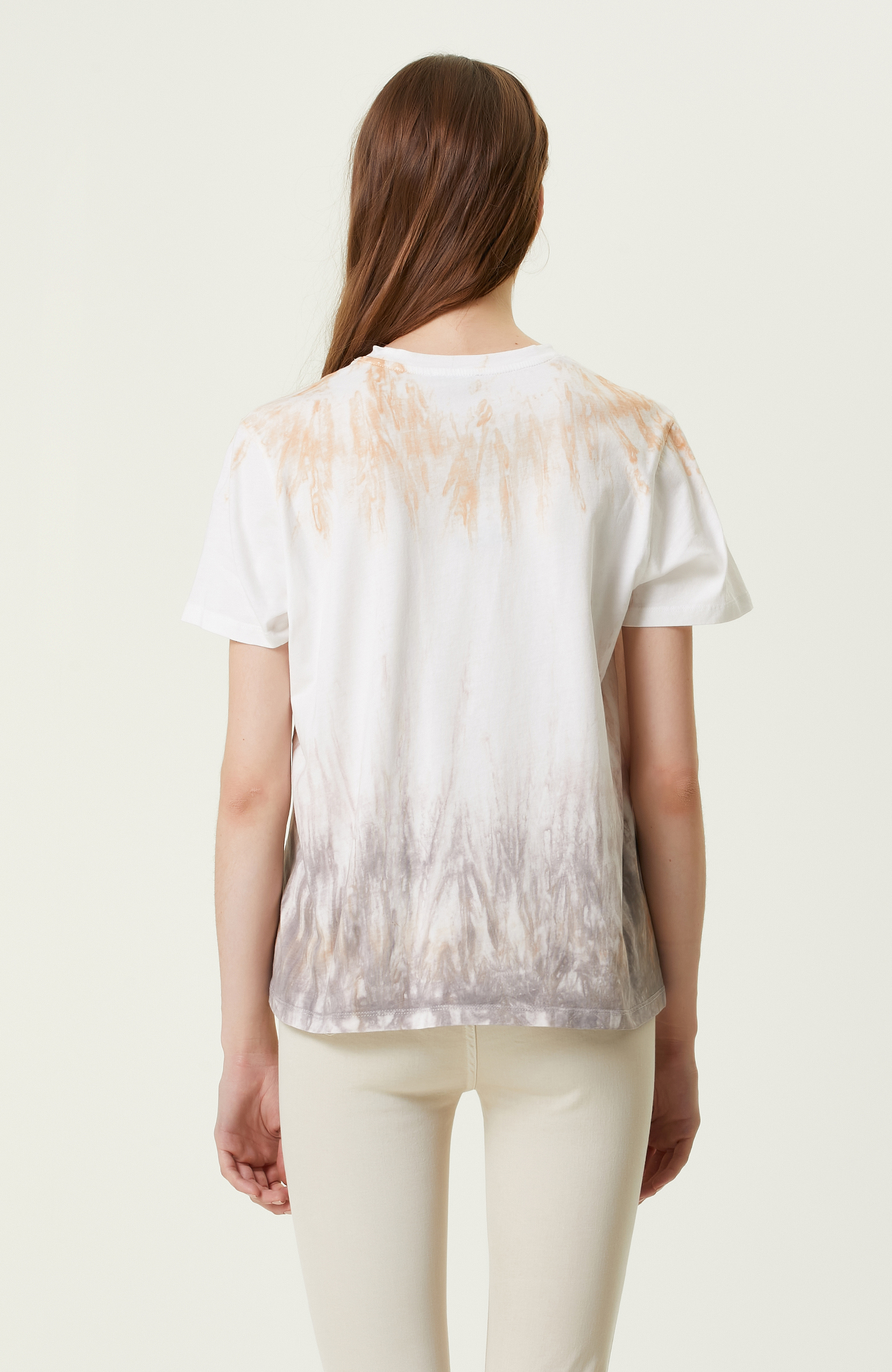 Bej Kısa Kollu Bisiklet Yaka Batik T-shirt