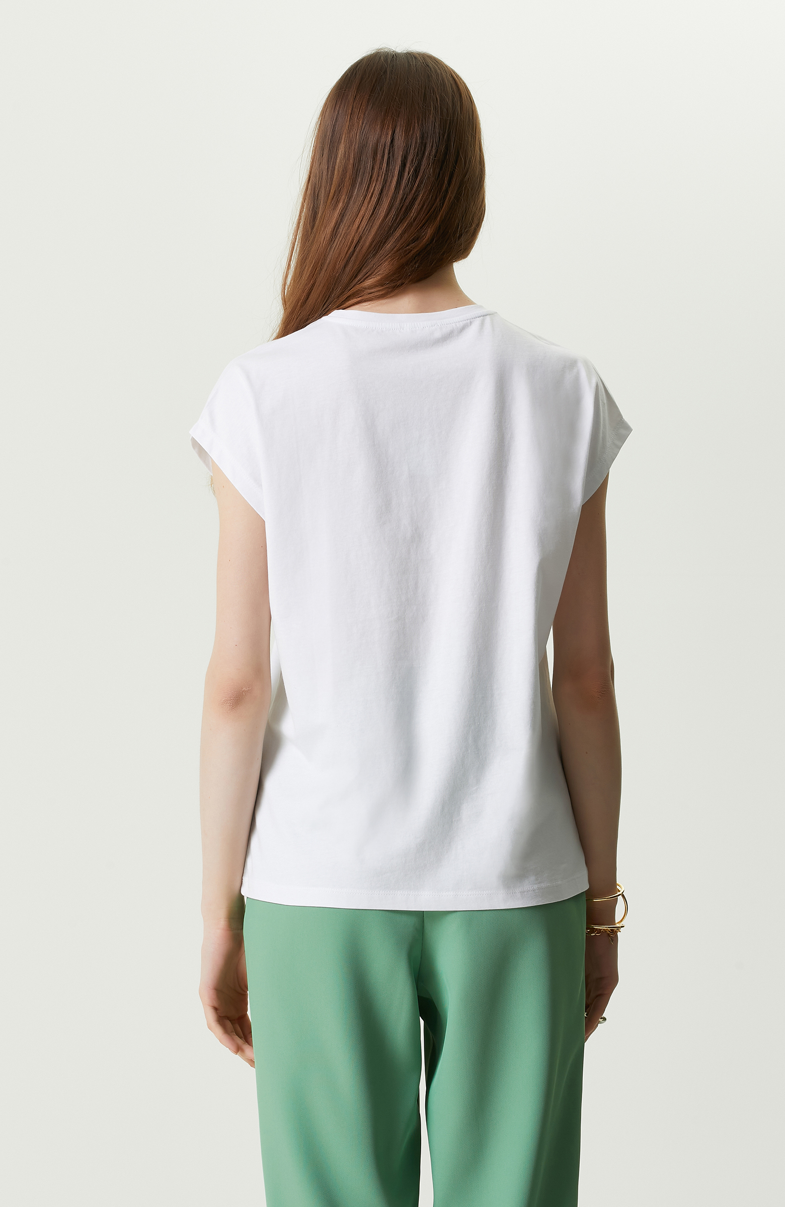 Beyaz Baskılı Kısa Kollu Bisiklet Yaka T-shirt