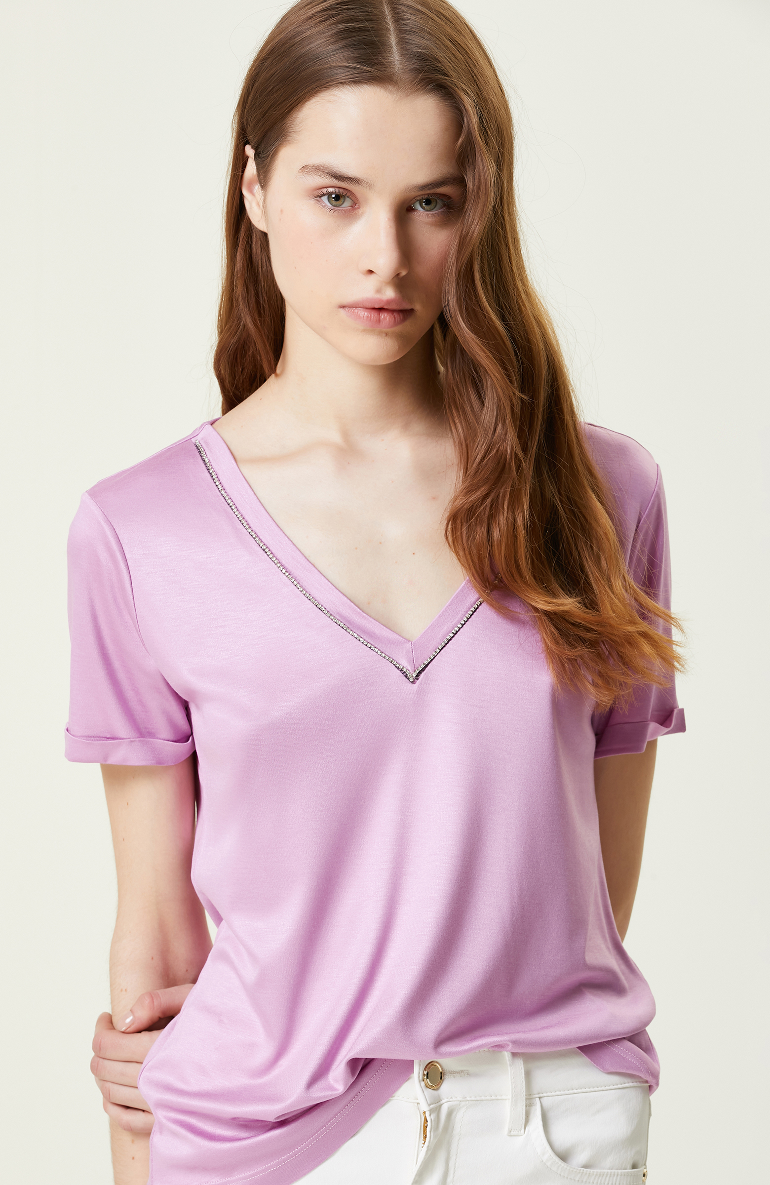 Pembe Kısa Kollu V Yaka T-shirt