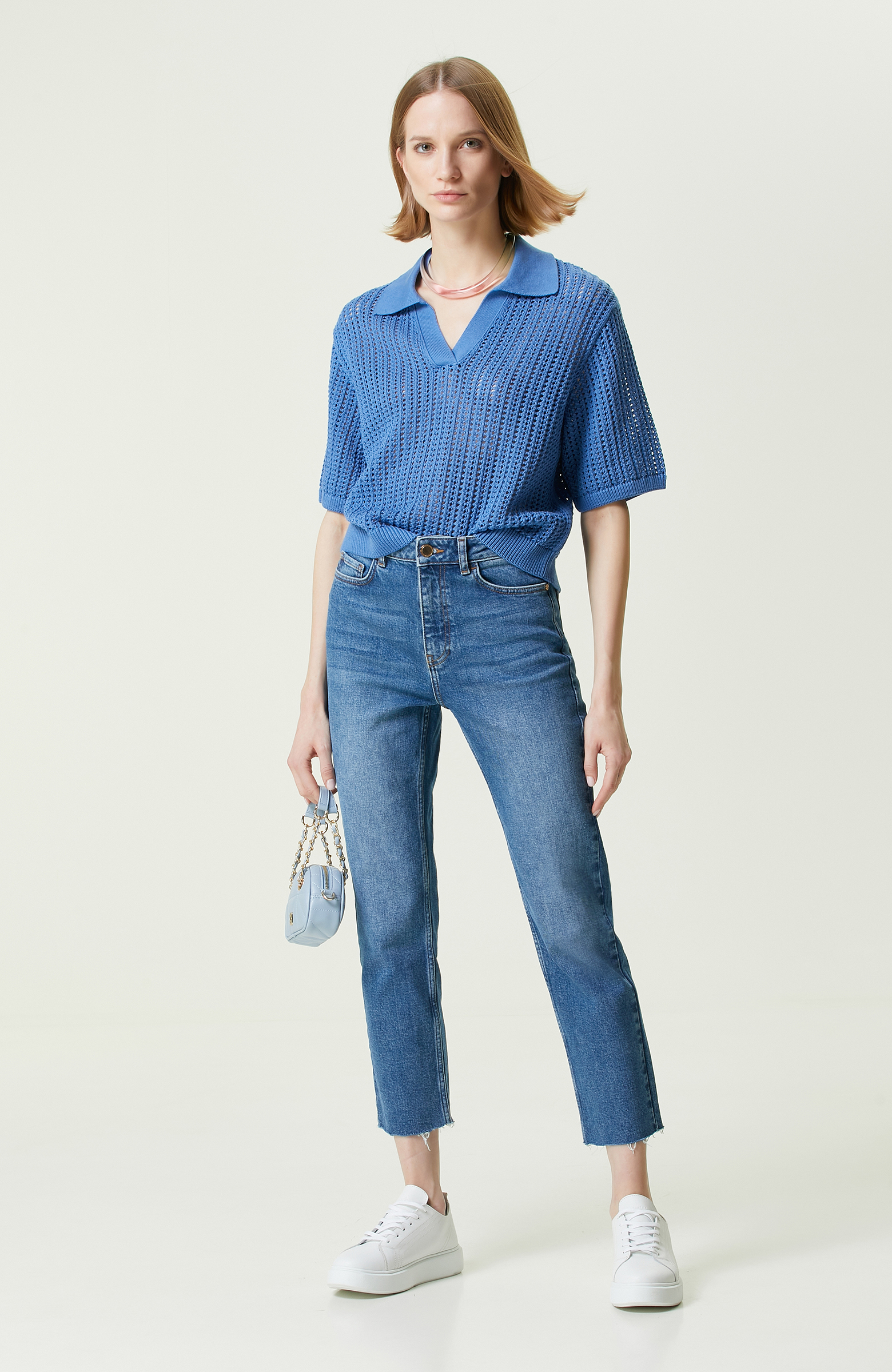 Saks Mavisi Kısa Kollu Triko Kazak