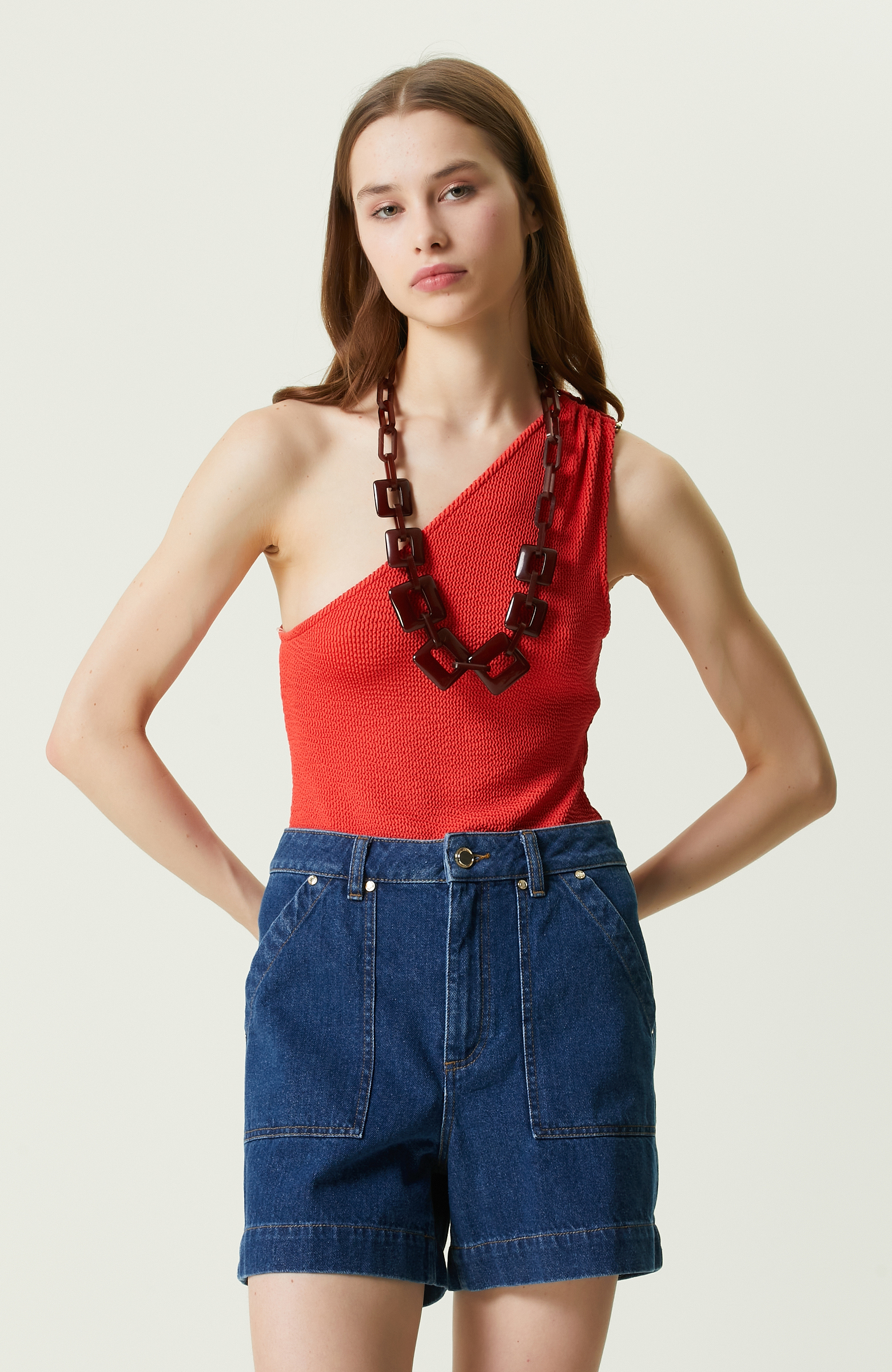 Nar Çiçeği Kolsuz Tek Omuz Bluz