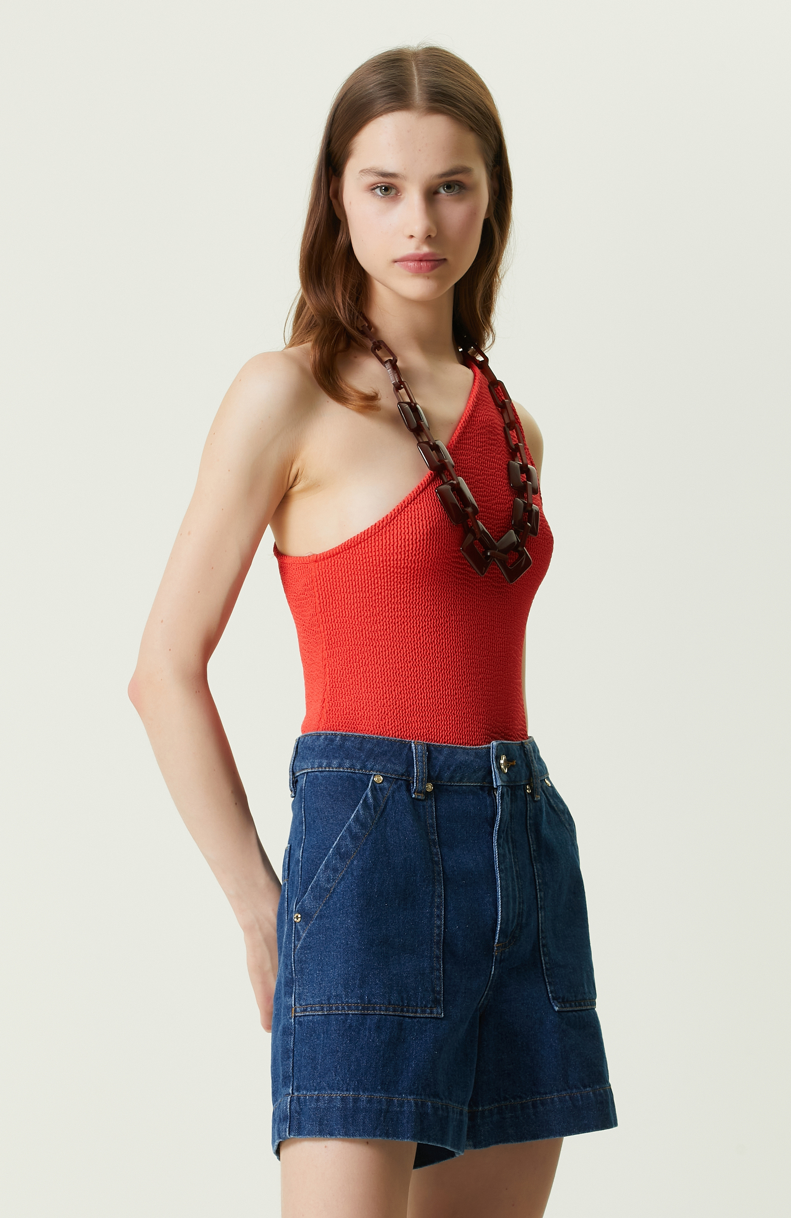 Nar Çiçeği Kolsuz Tek Omuz Bluz