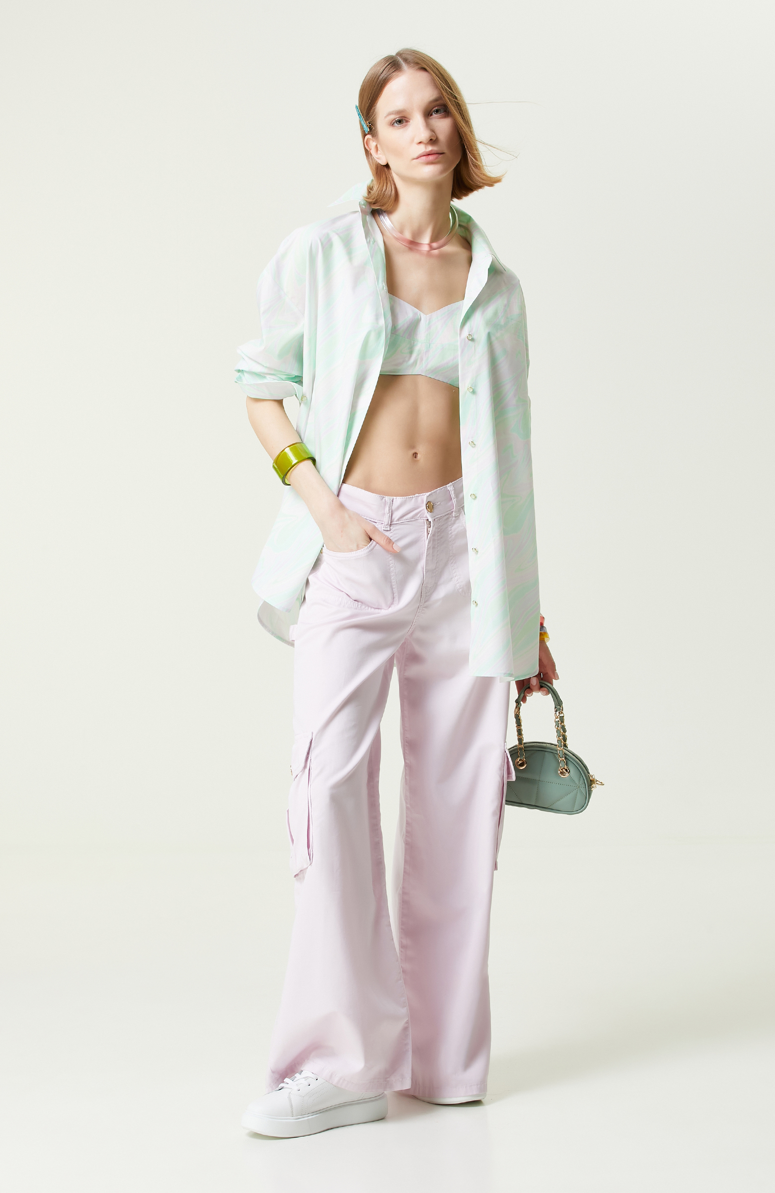 Yeşil Pembe Desenli Gömlek