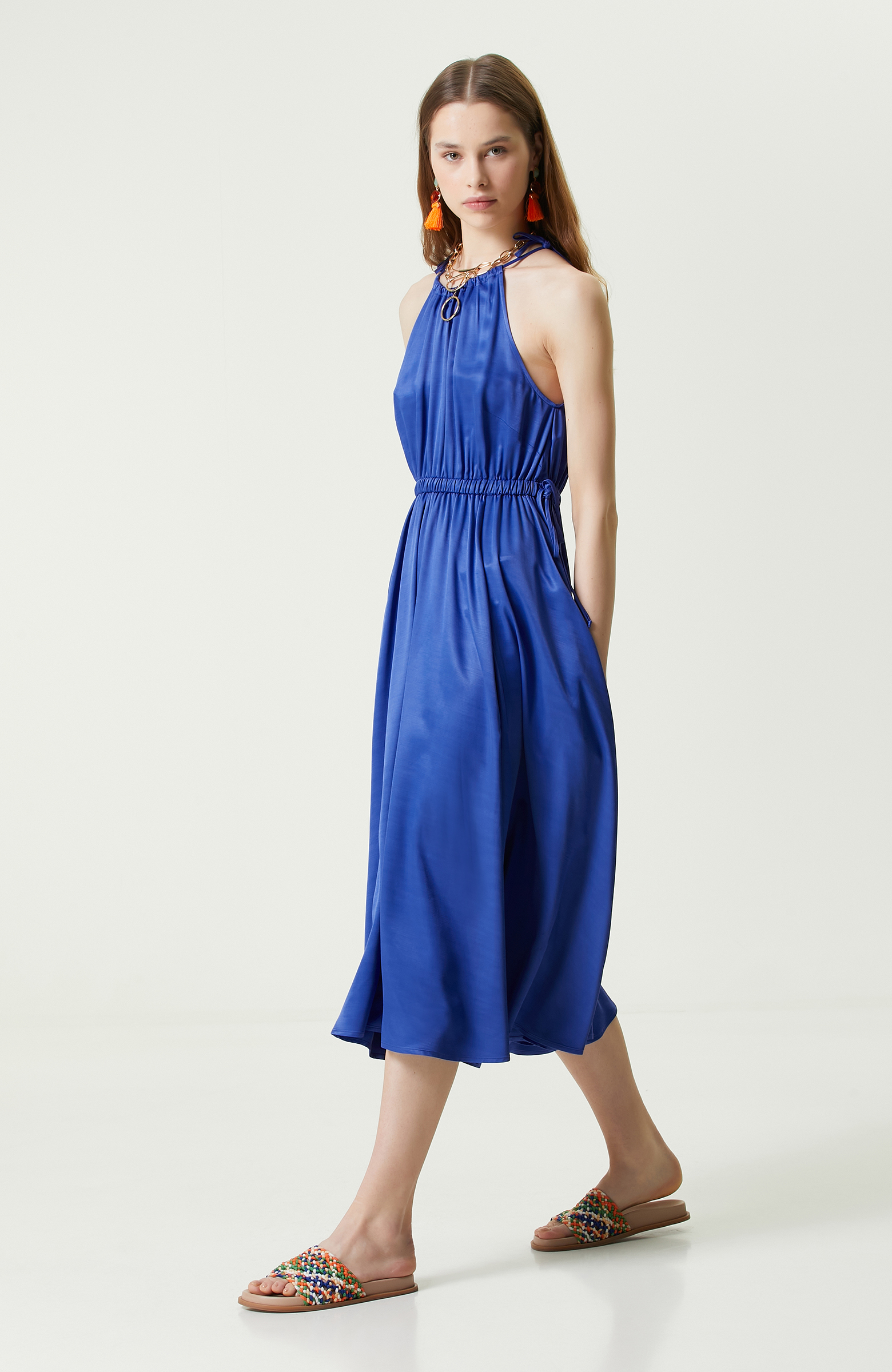 Saks Mavisi Askılı Triko Elbise