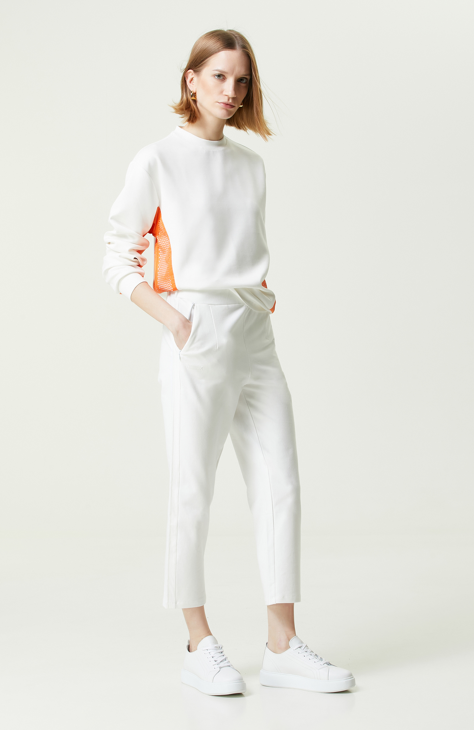 N-Tech Beyaz-Turuncu Bisiklet Yaka Sweatshirt