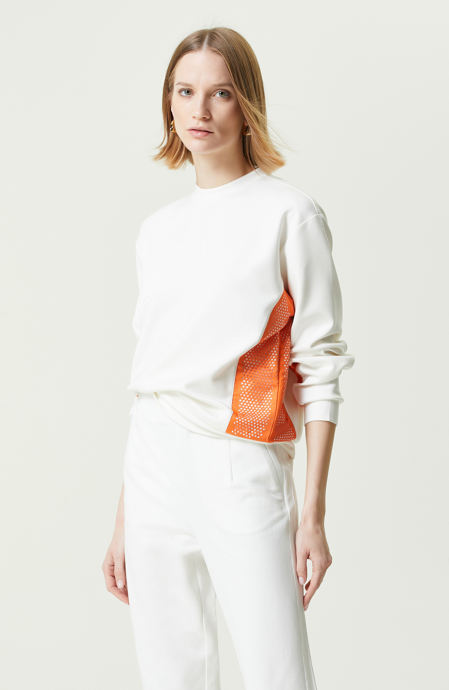 N-Tech Beyaz-Turuncu Bisiklet Yaka Sweatshirt