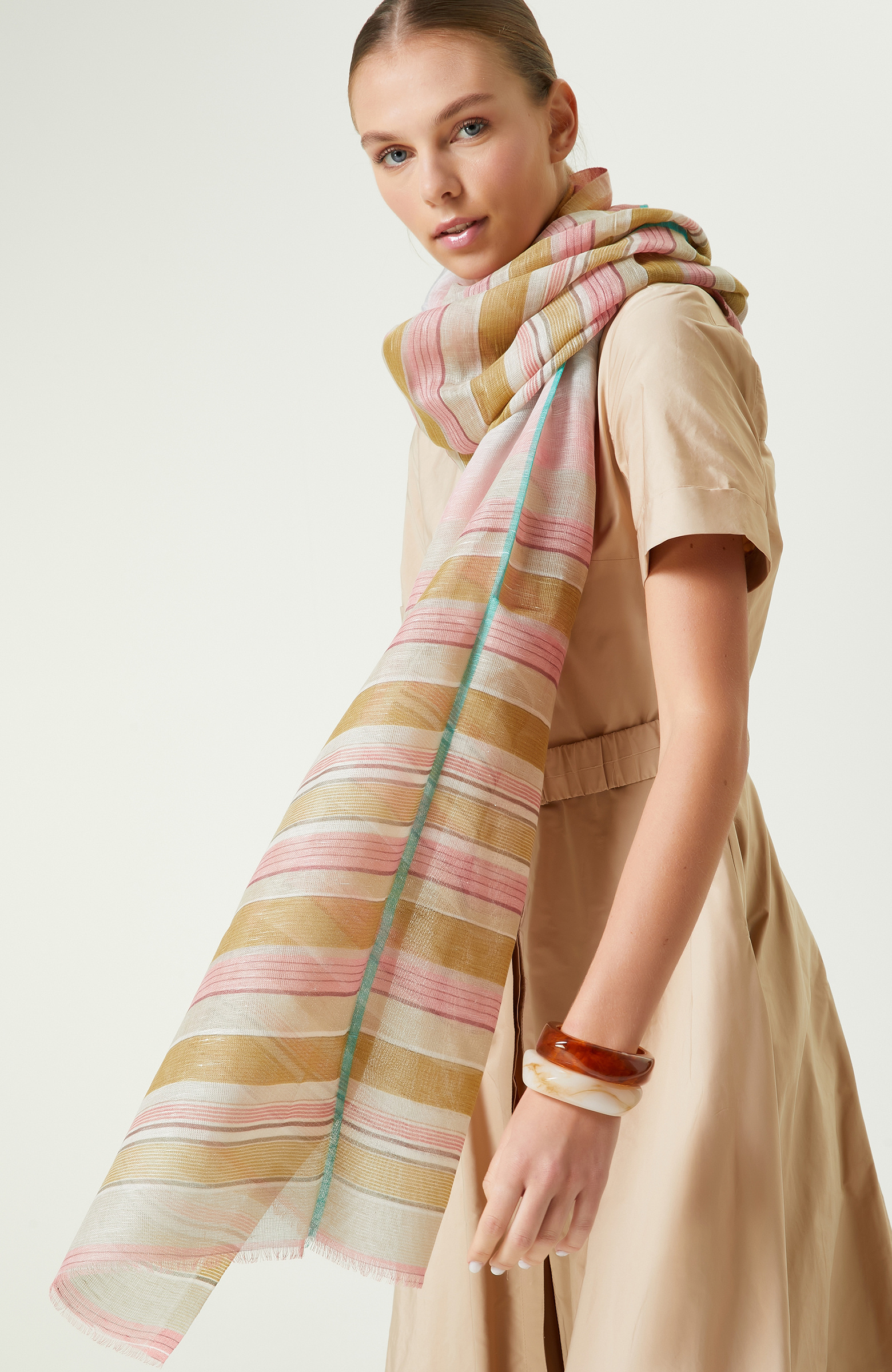 Renkli Çizgi Desenli Kadın Keten Şal