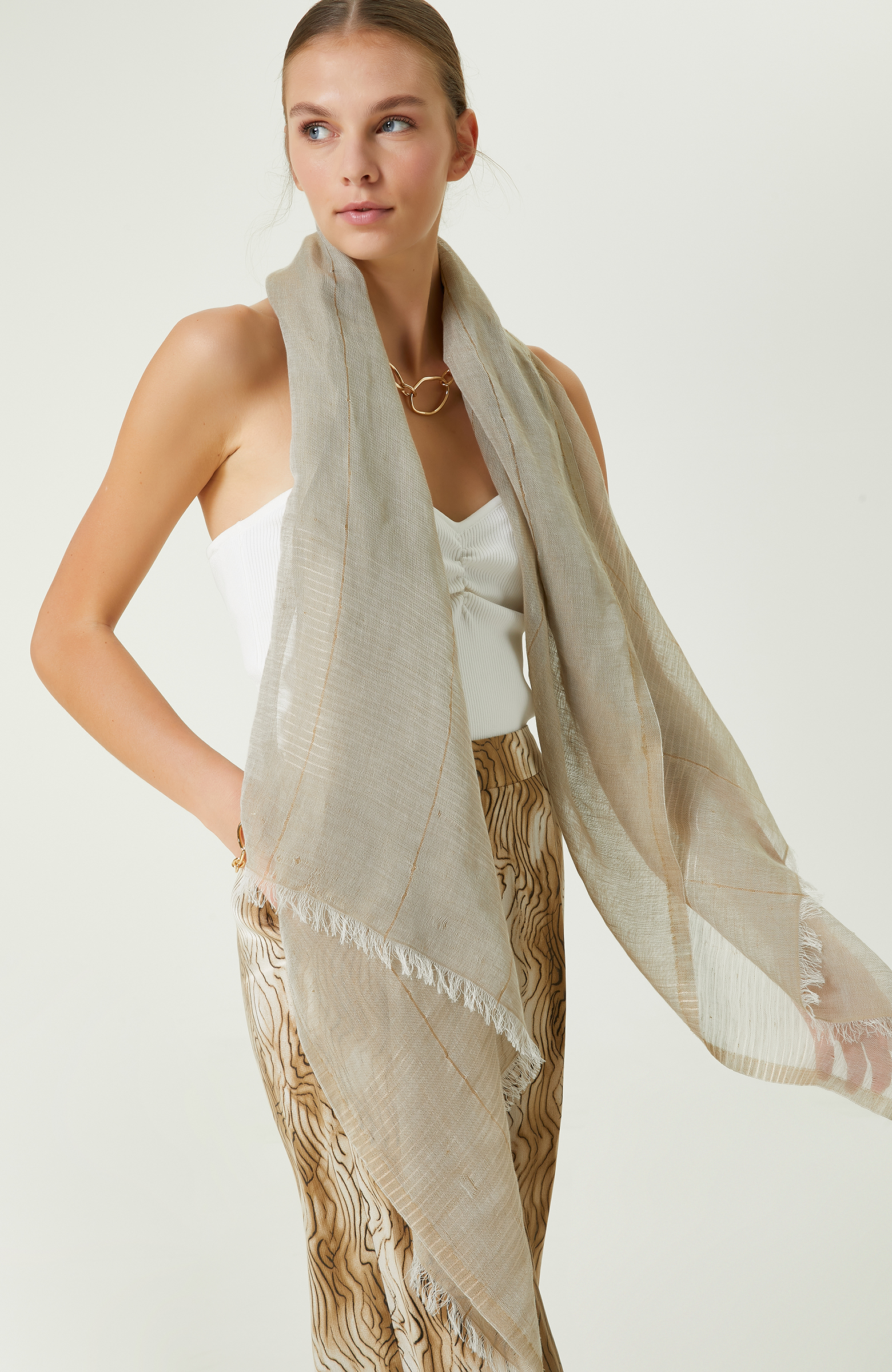 Ekru Kadın Keten Şal 