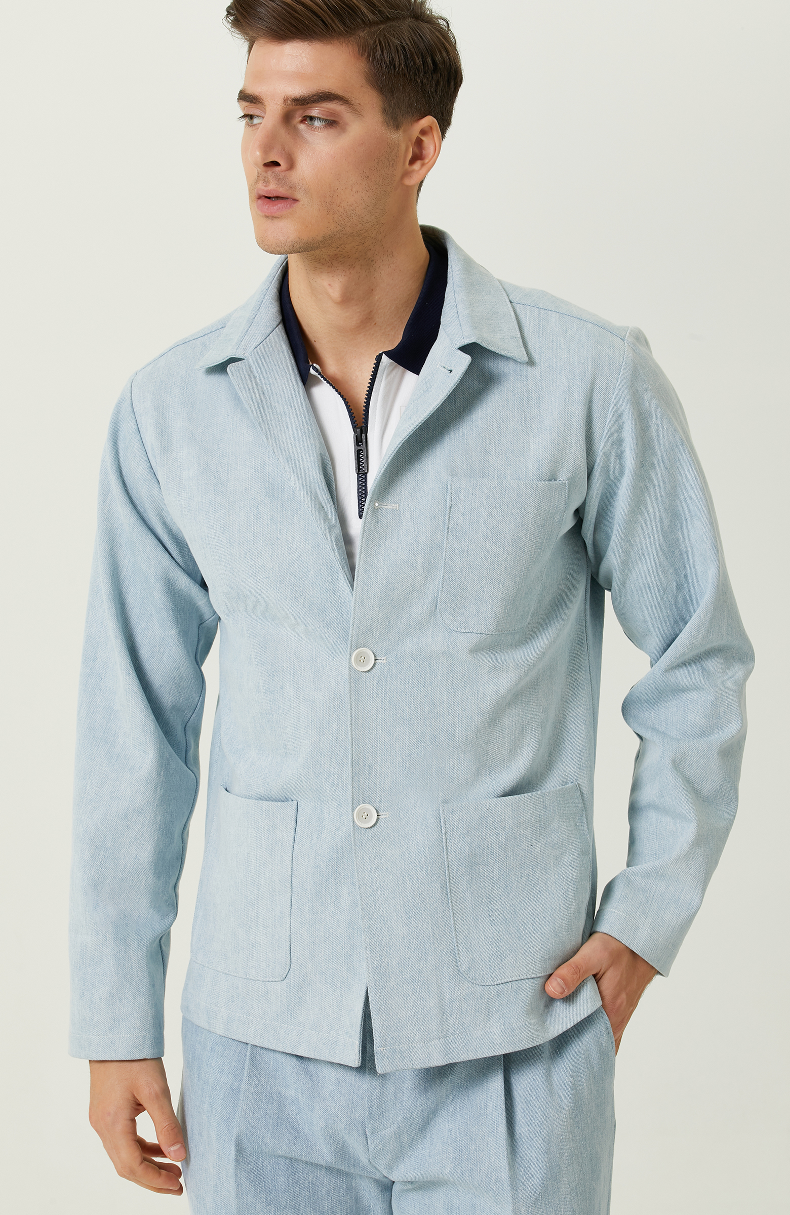 Mavi Gömlek Yaka Ceket