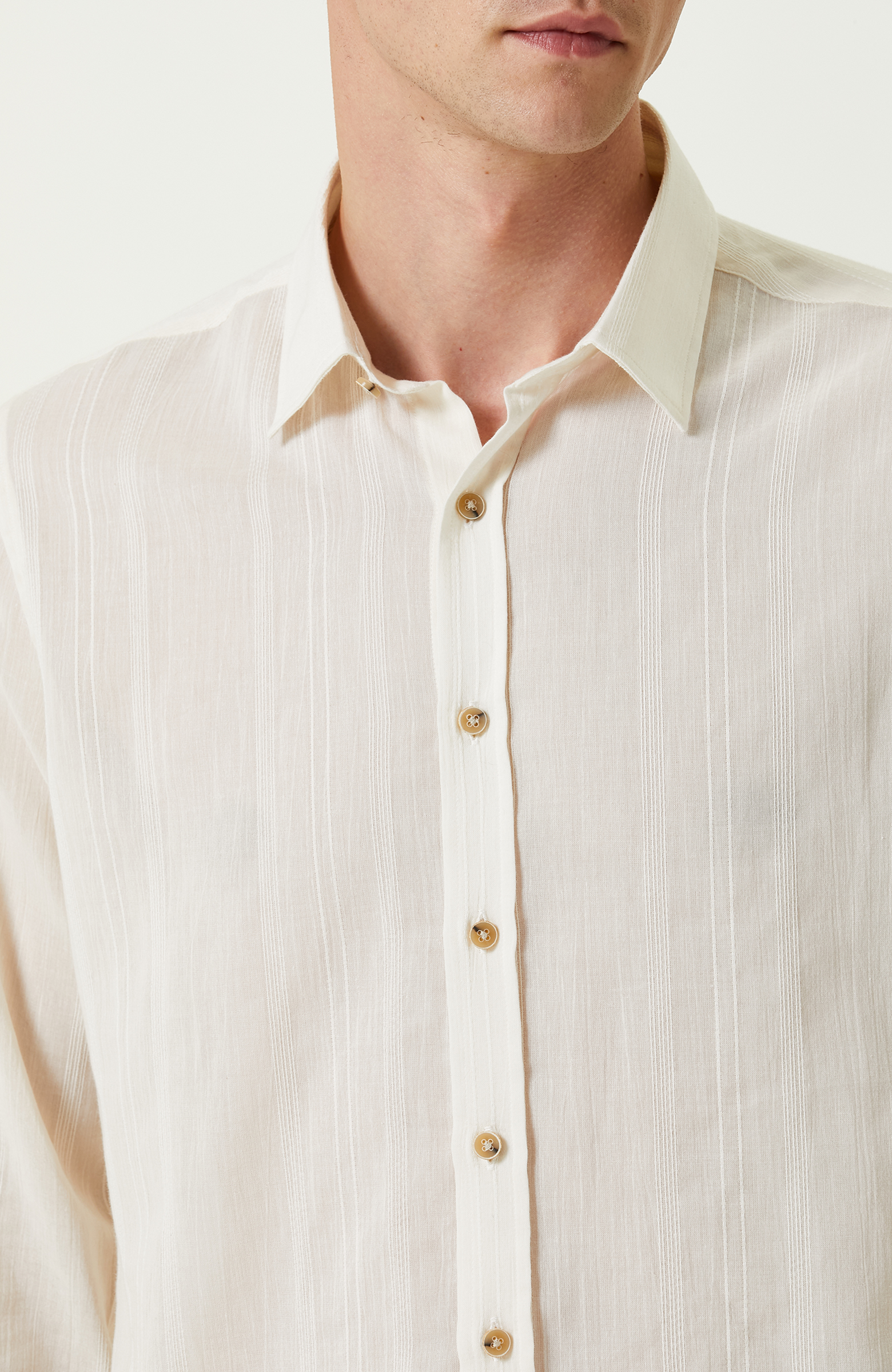 Bej Çizgili Klasik Yaka Gömlek