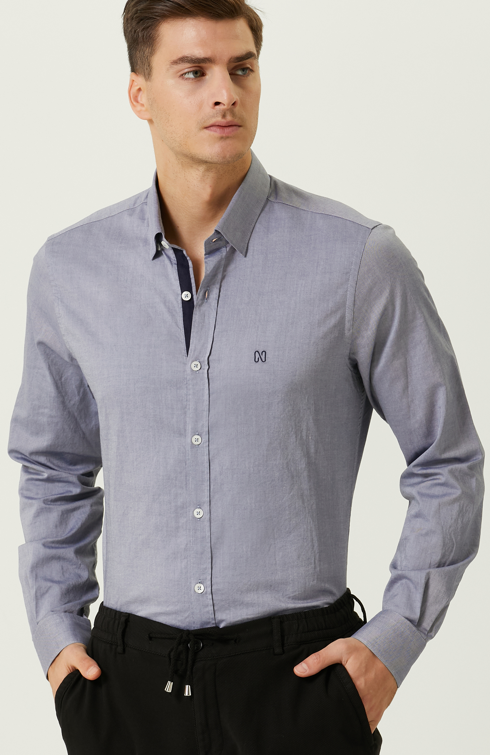 Lacivert Uzun Kollu  Gömlek