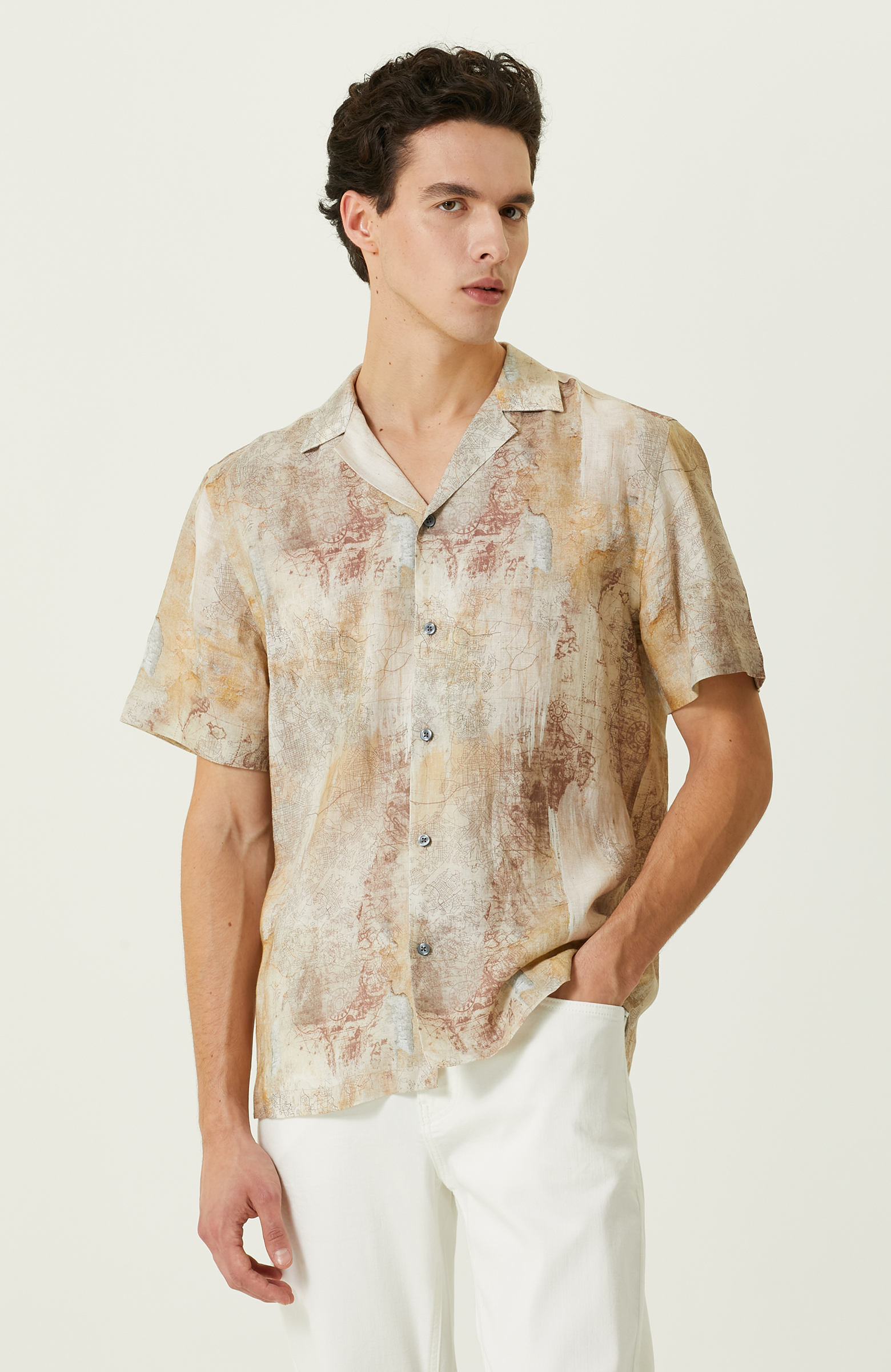 Bej Baskılı Keten Gömlek