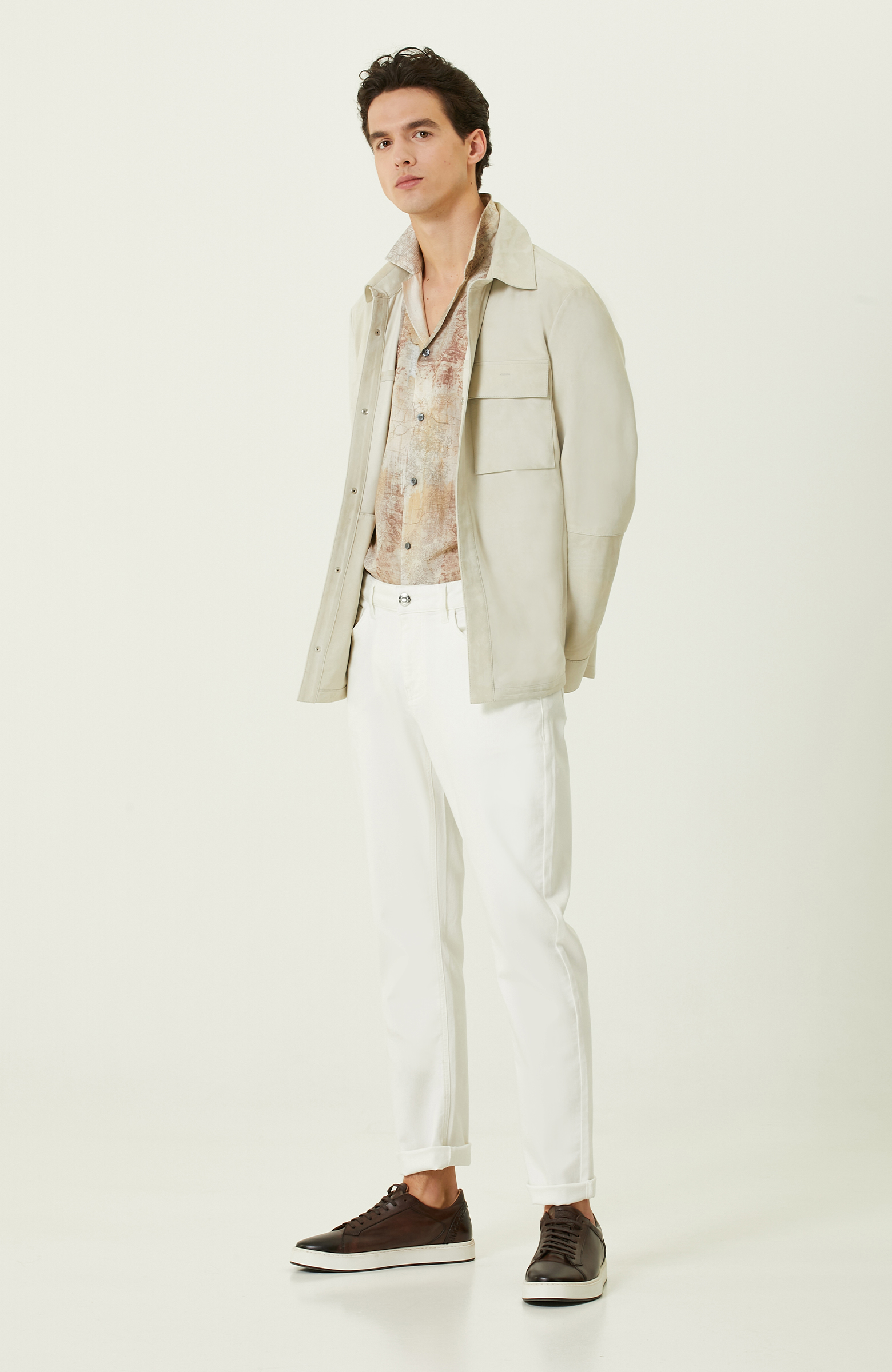 Bej Baskılı Keten Gömlek