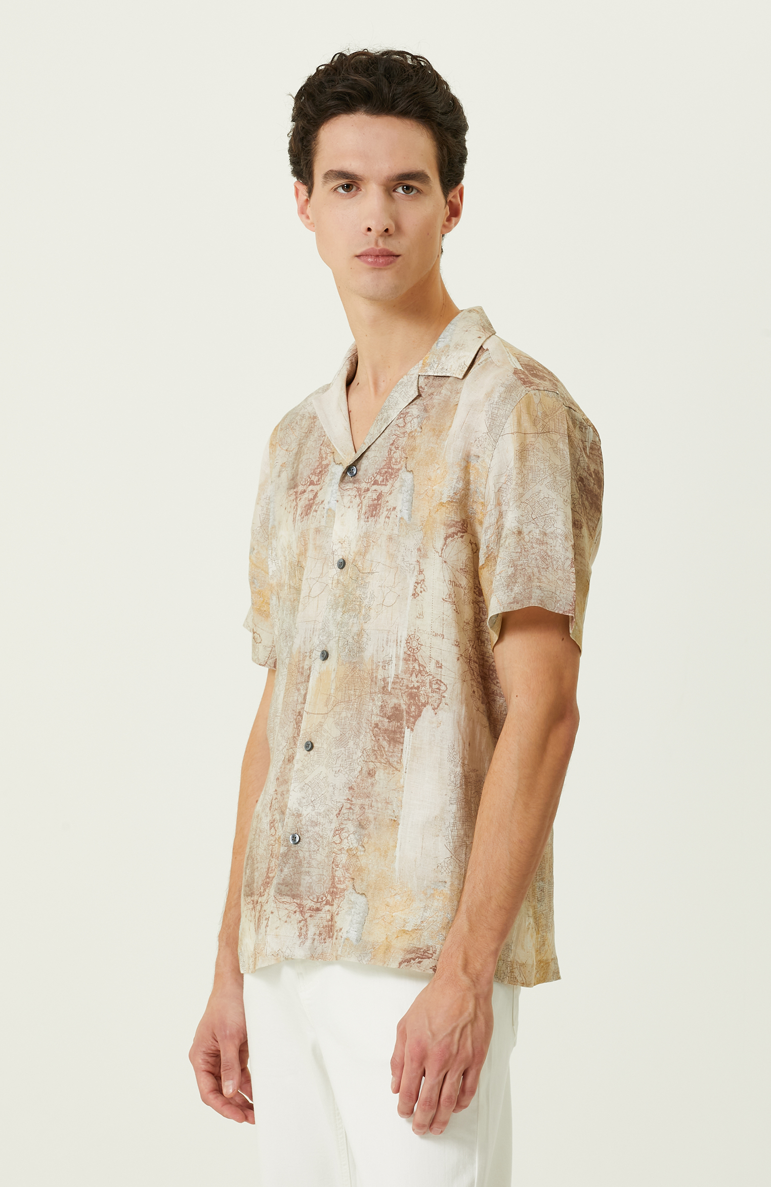 Bej Baskılı Keten Gömlek