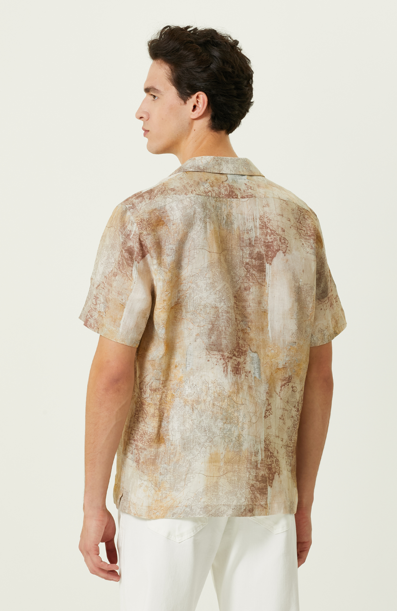 Bej Baskılı Keten Gömlek