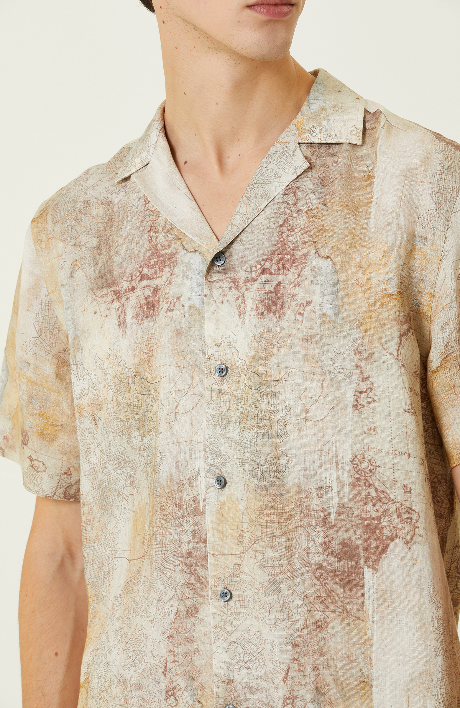 Bej Baskılı Keten Gömlek