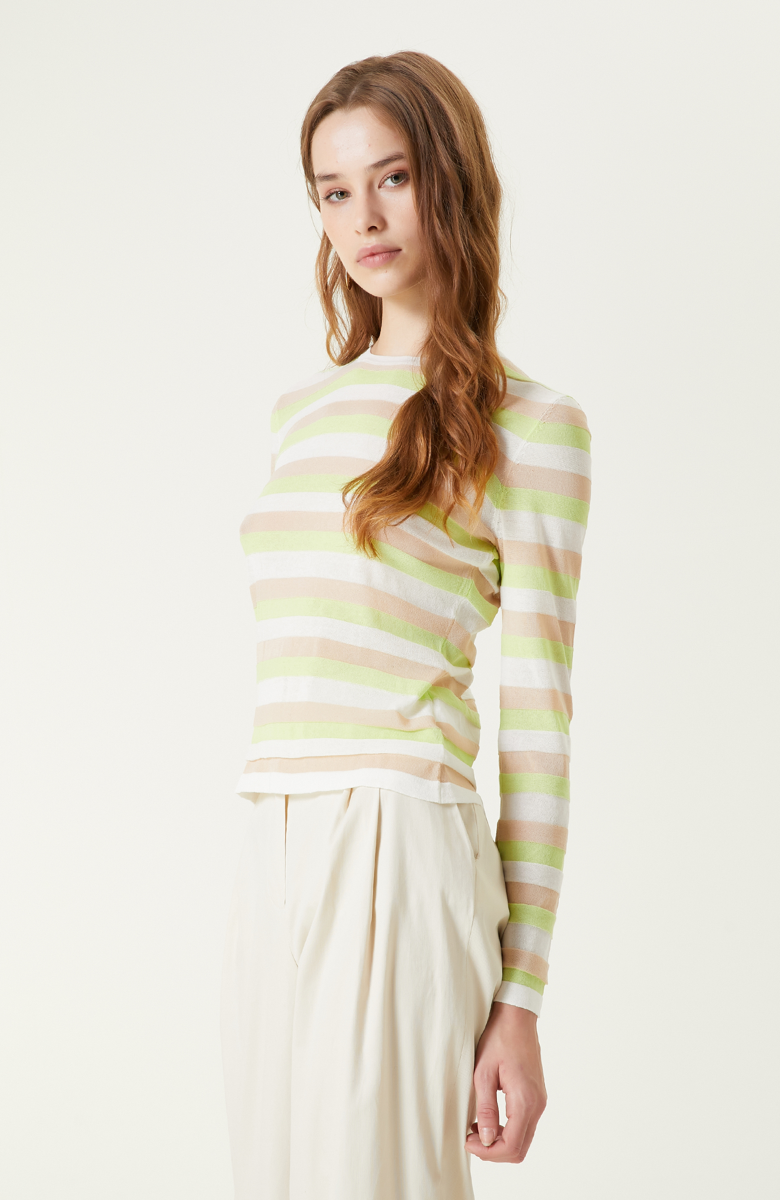 Neon Yeşil Çizgili Triko Kazak