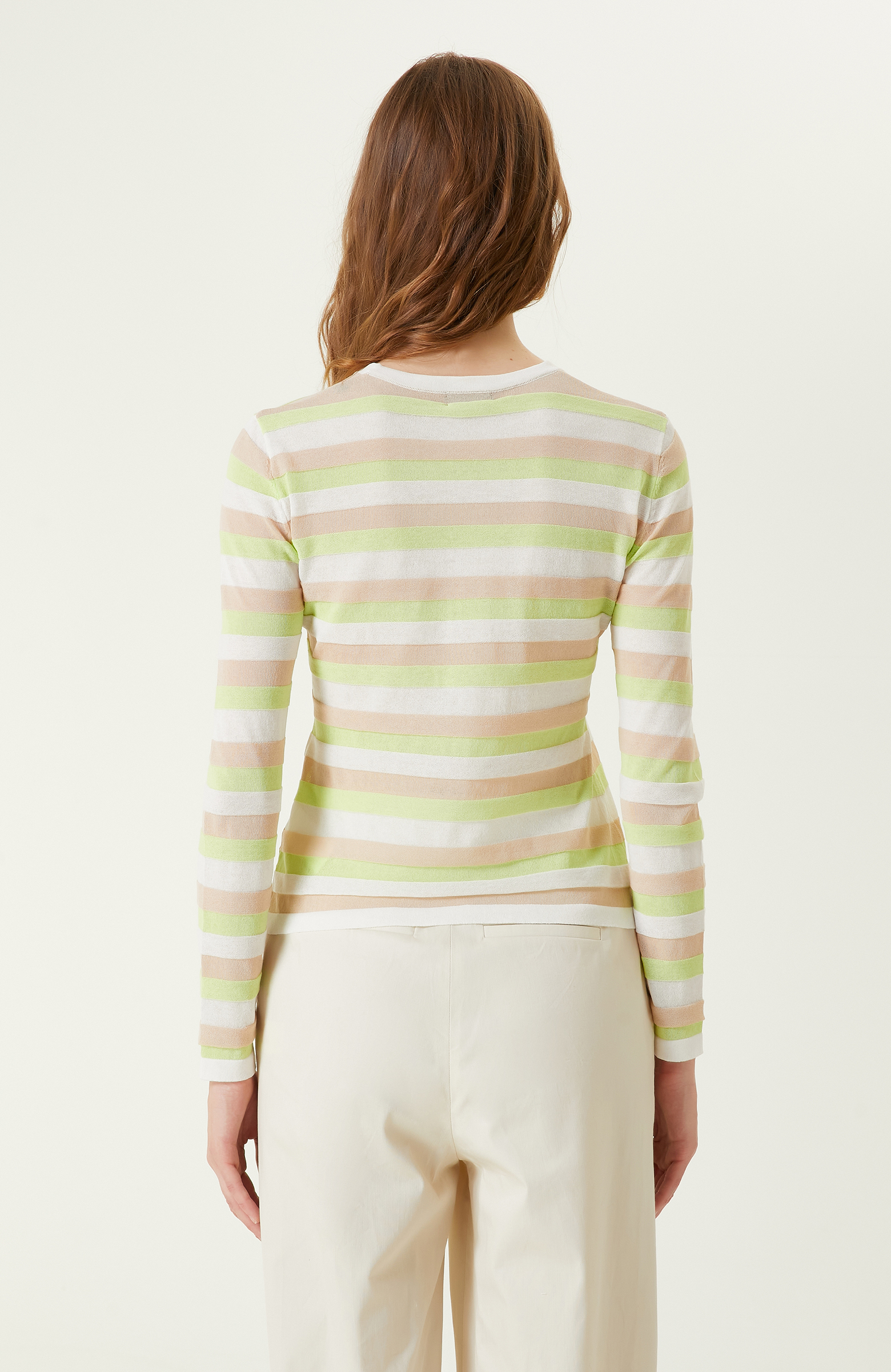 Neon Yeşil Çizgili Triko Kazak